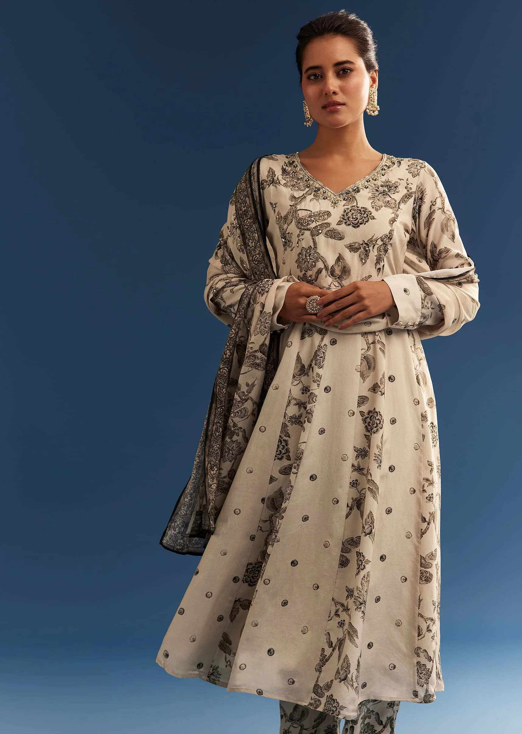 Beige Floral Printed Crepe Anarkali Set With Chinon Dupatta - Image 4