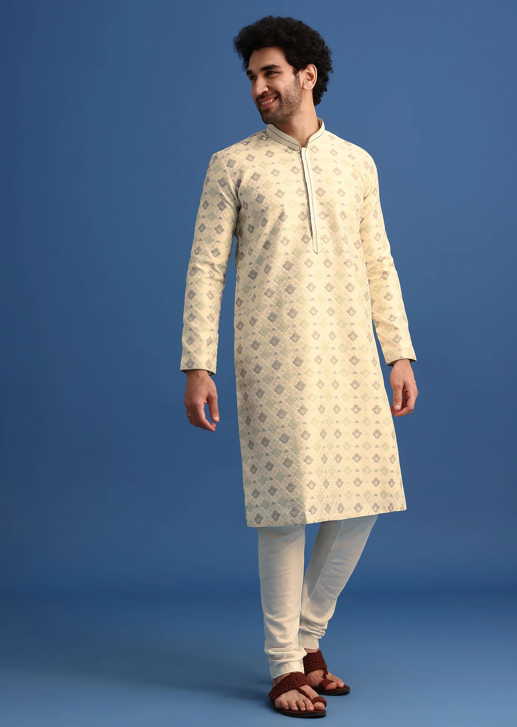 Beige Foil Print Kurta Set - Image 4