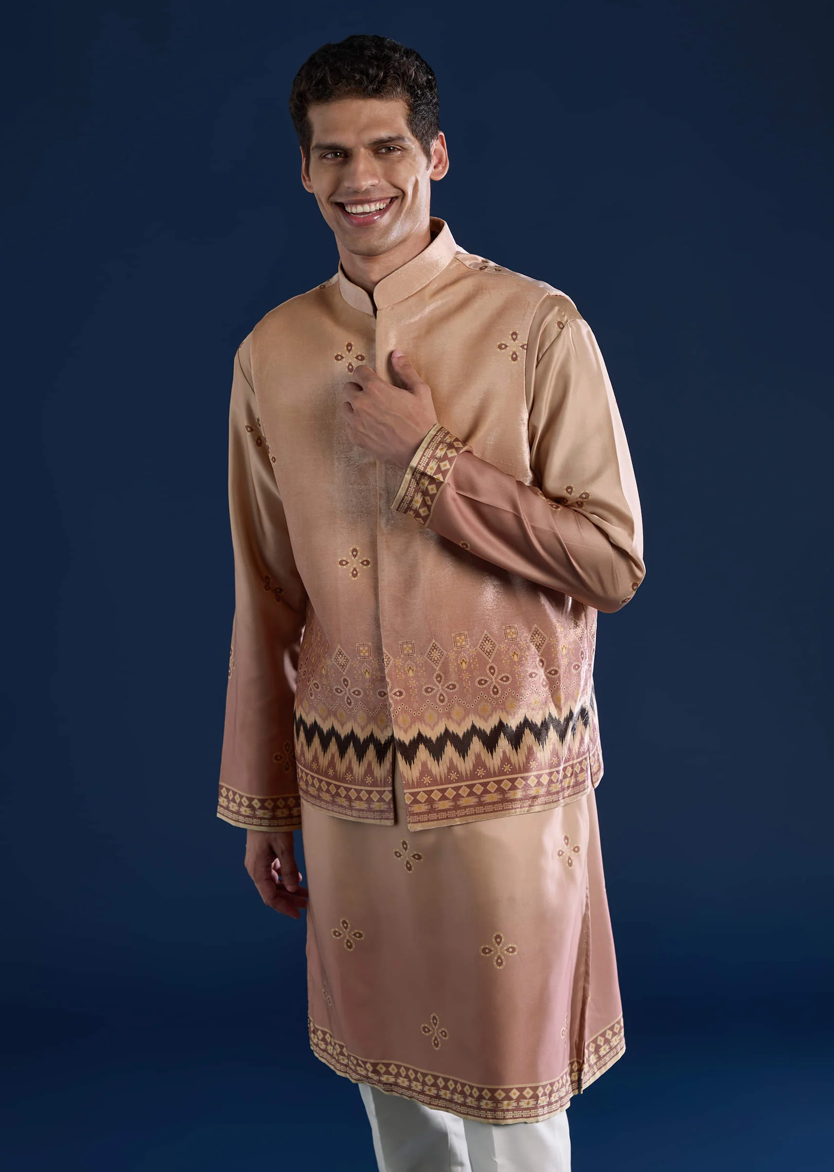 Beige Geometric Print Velvet Jacket and Ombre Kurta Set - Image 4