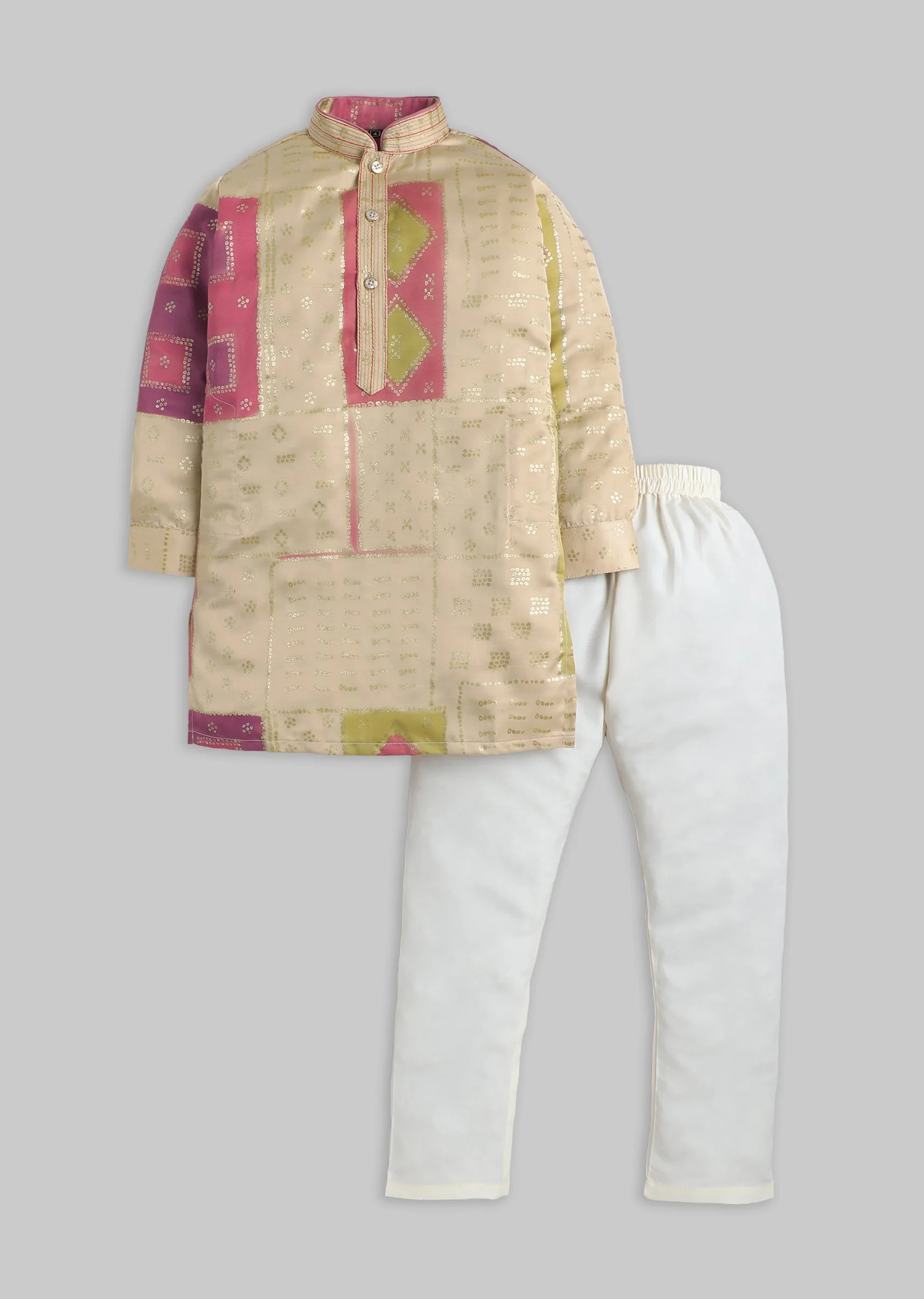 Beige Geometric Printed Kurta Set For Boys