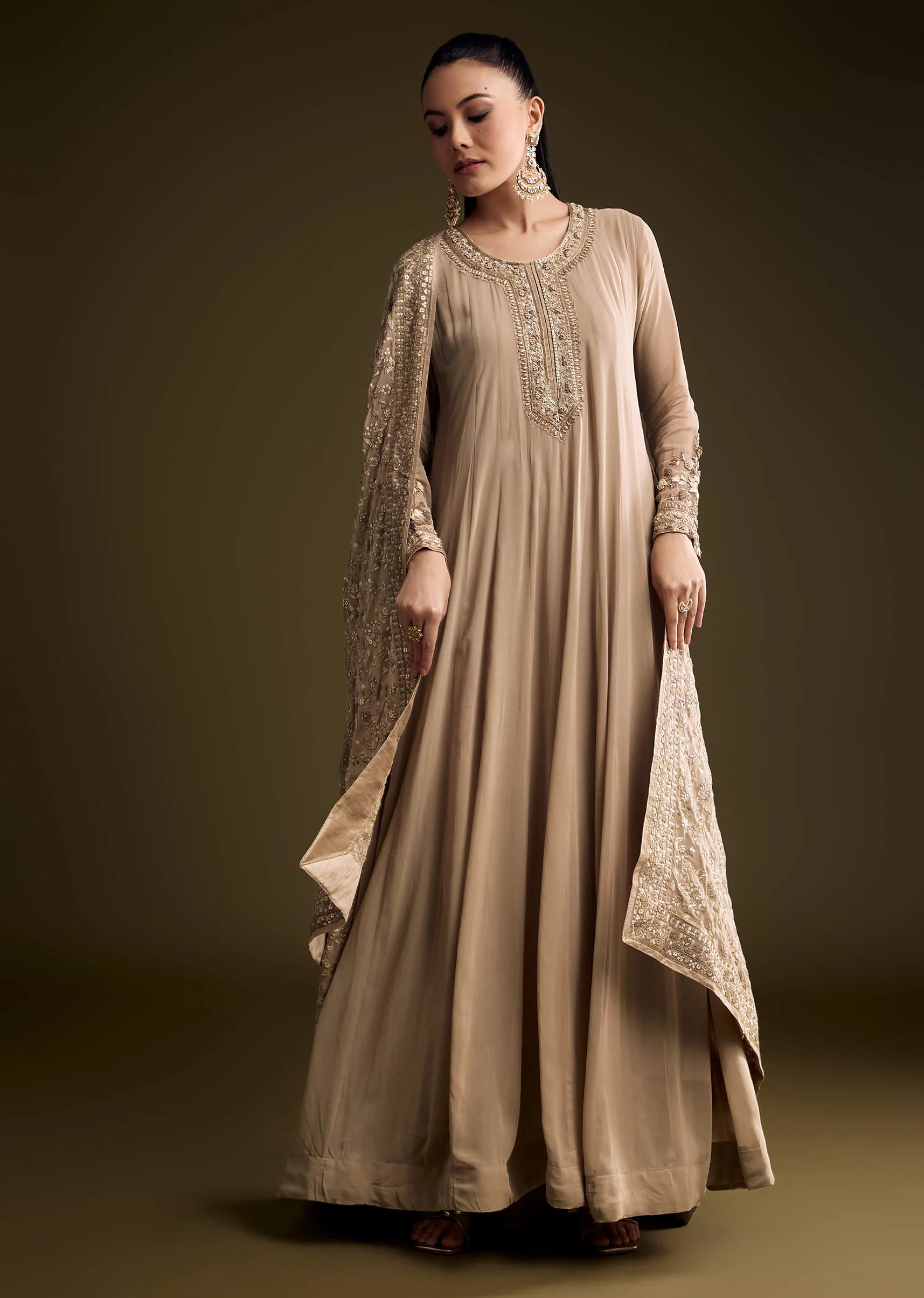 Beige Georgette Anarkali Suit With Thread And Sequins Embroidery