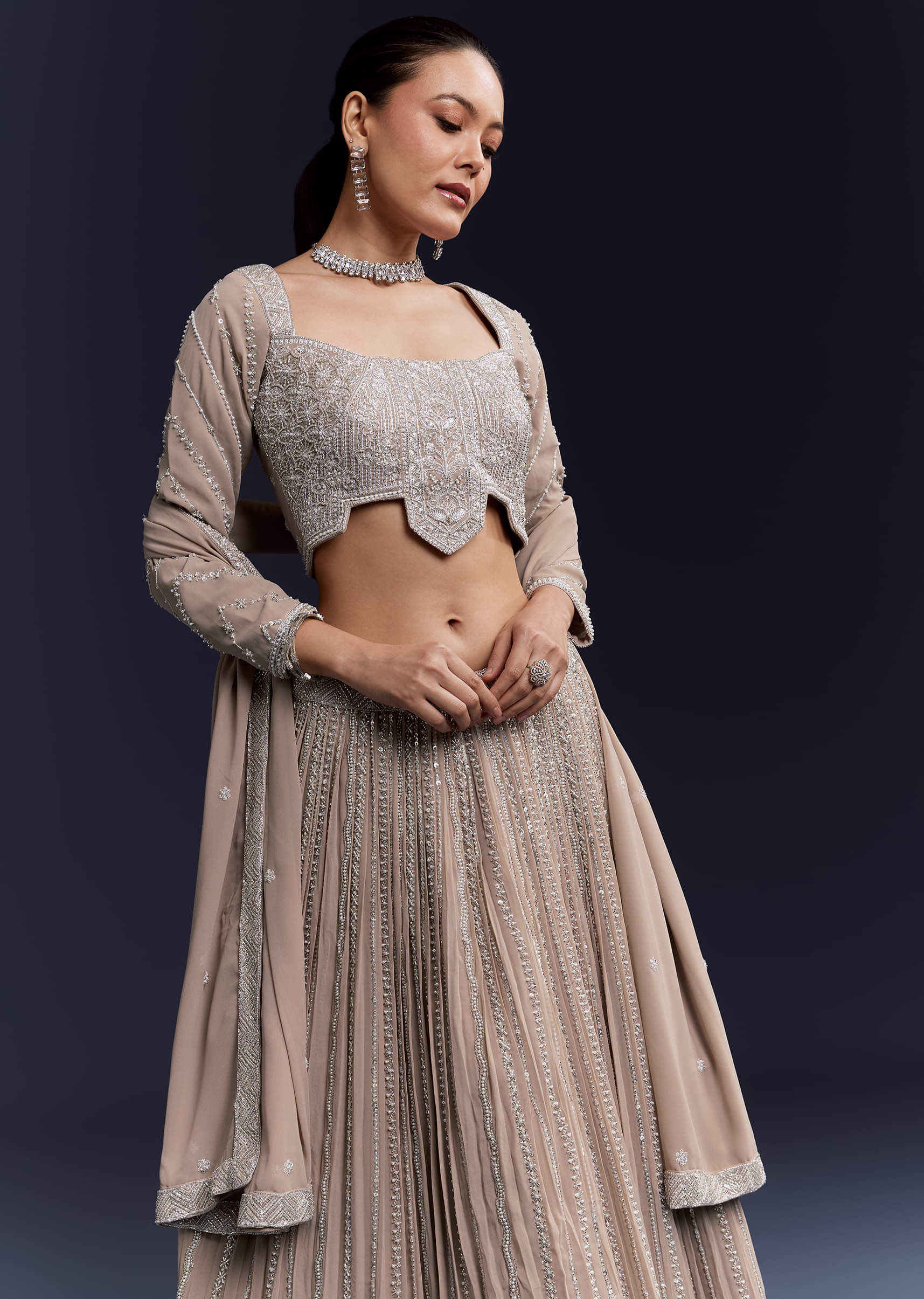 Beige Georgette Bridesmaid Lehenga Set With Sequin Embroidery - Image 4