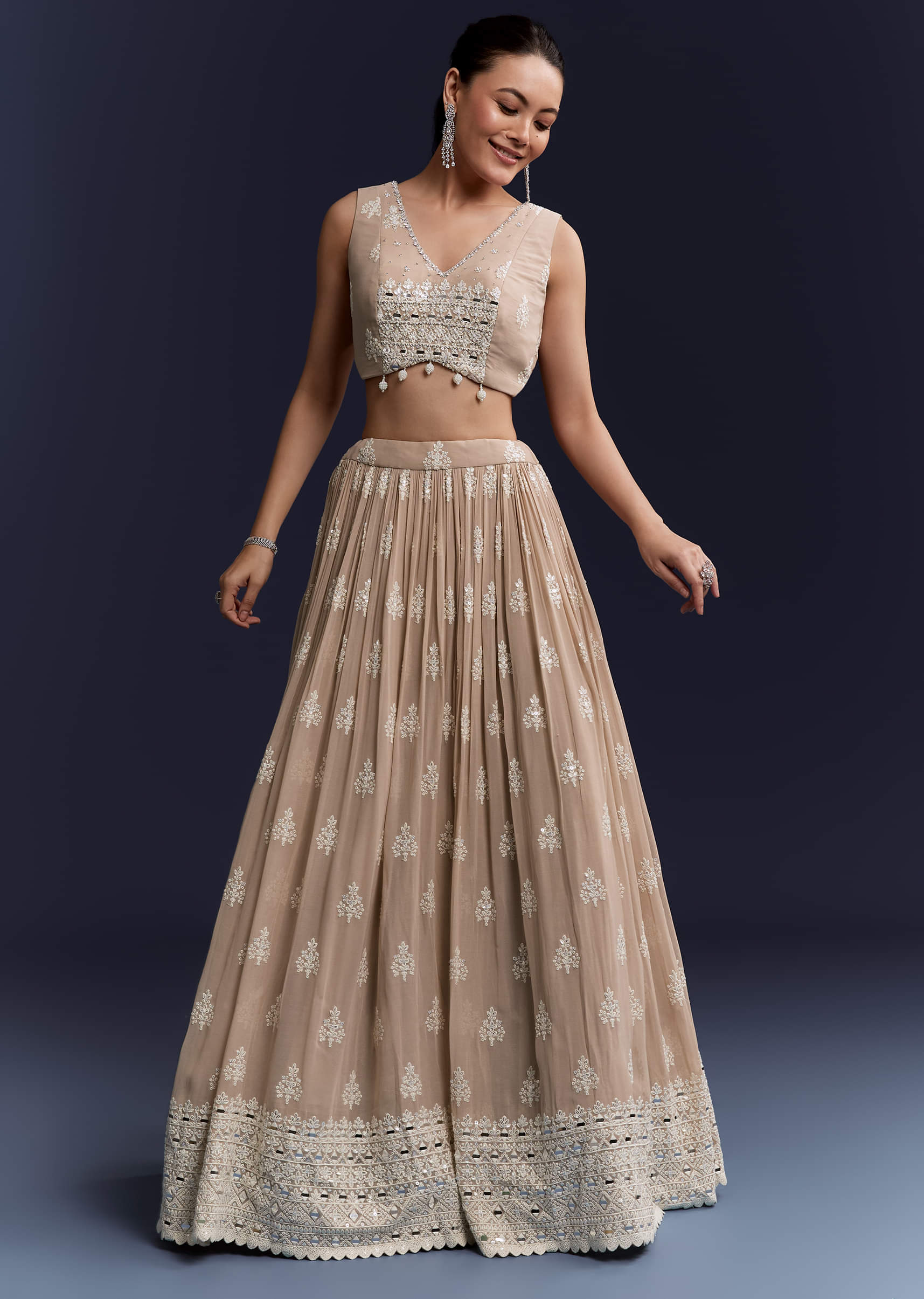 Beige Georgette Bridesmaid Lehenga With Thread And Sequins Work - Image 6