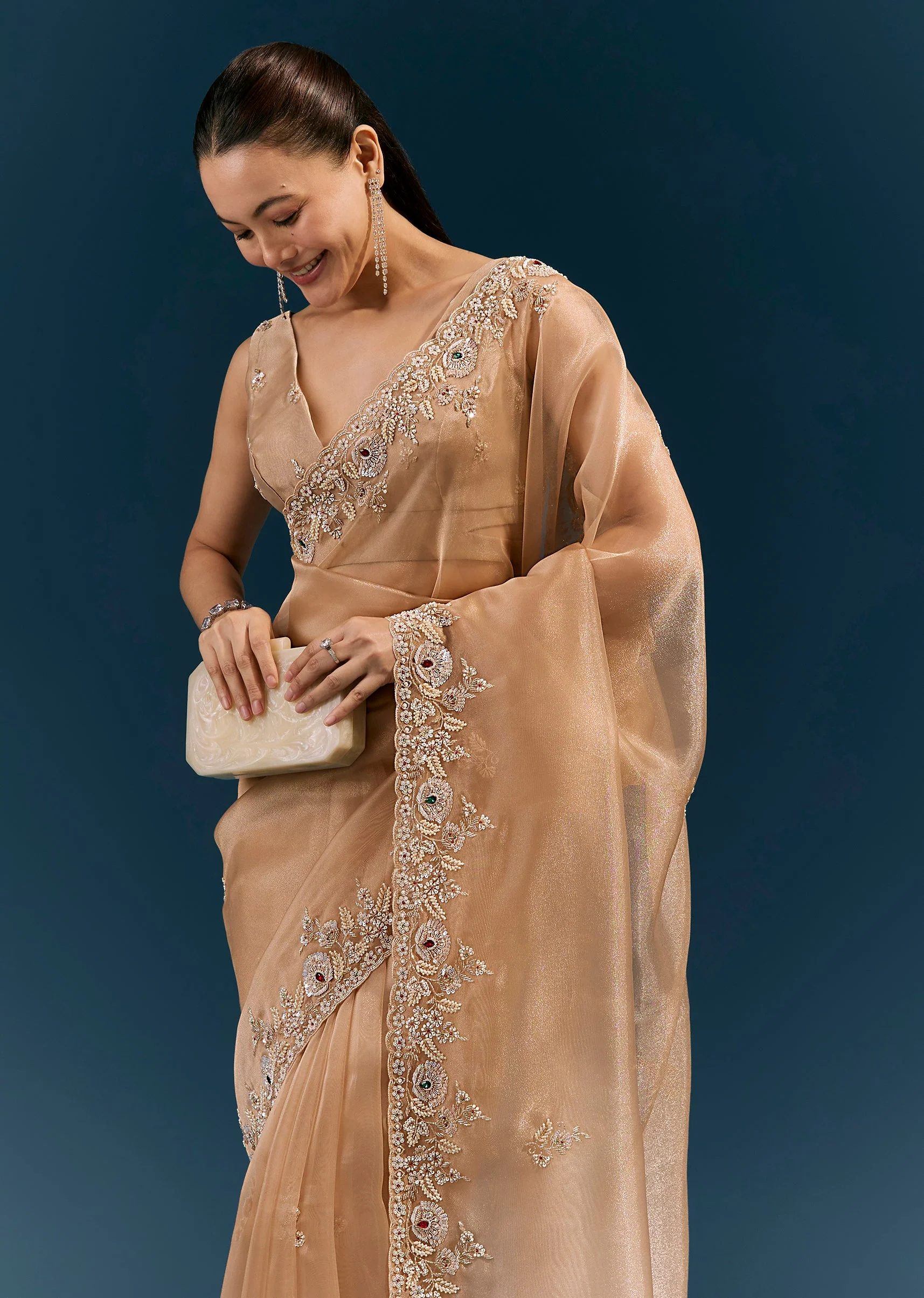 Beige Glossy Tissue Saree With Heavy Floral Embroidered Border And Stone Highlights - Image 5