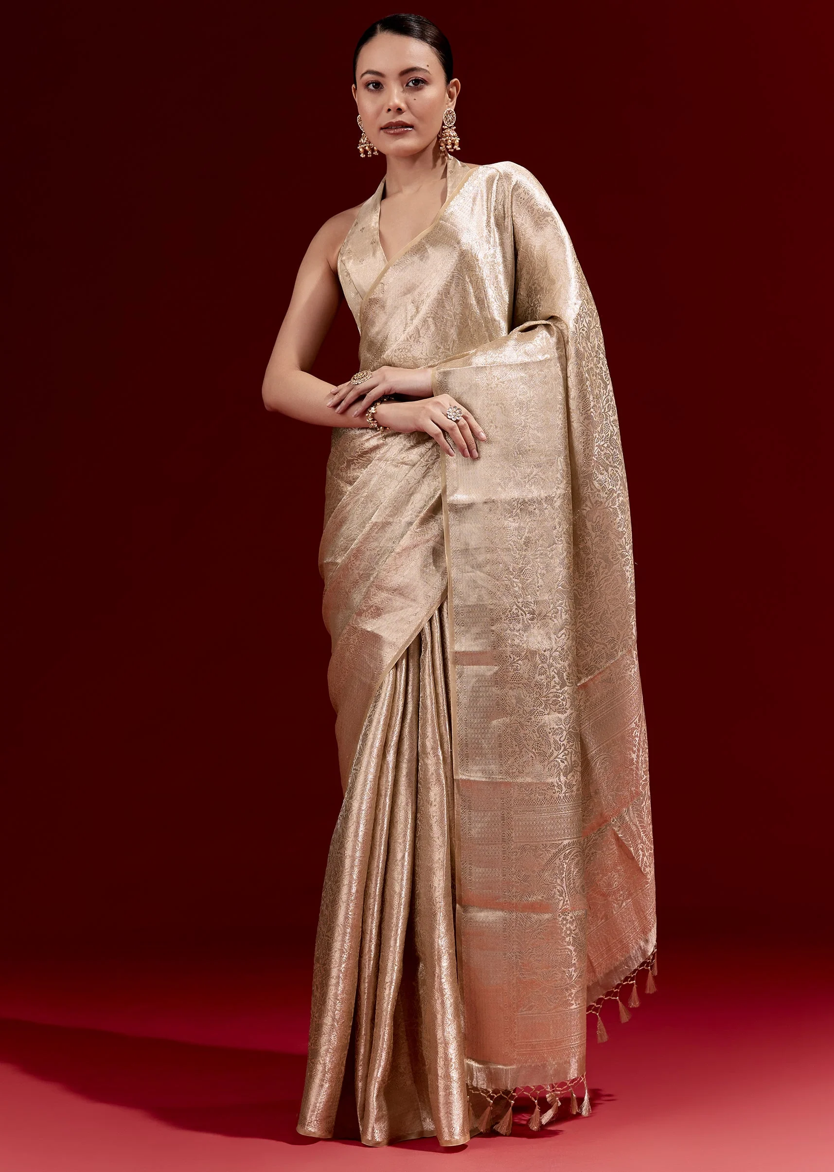 Beige Gold Banarasi Tissue Saree With All Over Floral Zari Weave - Image 3