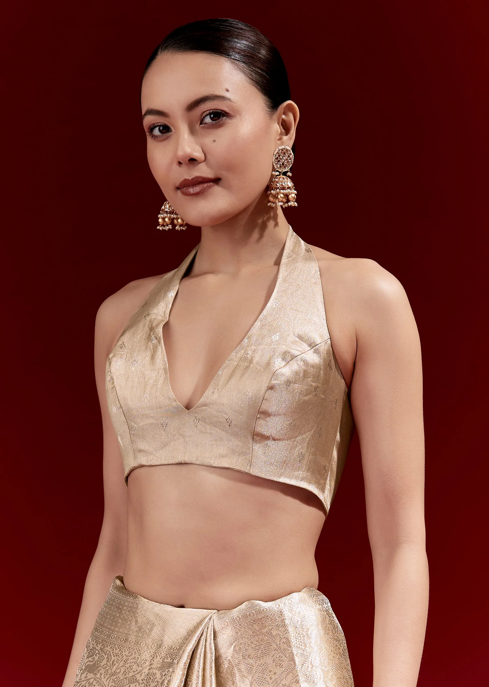 Beige Gold Banarasi Tissue Saree With All Over Floral Zari Weave - Image 7