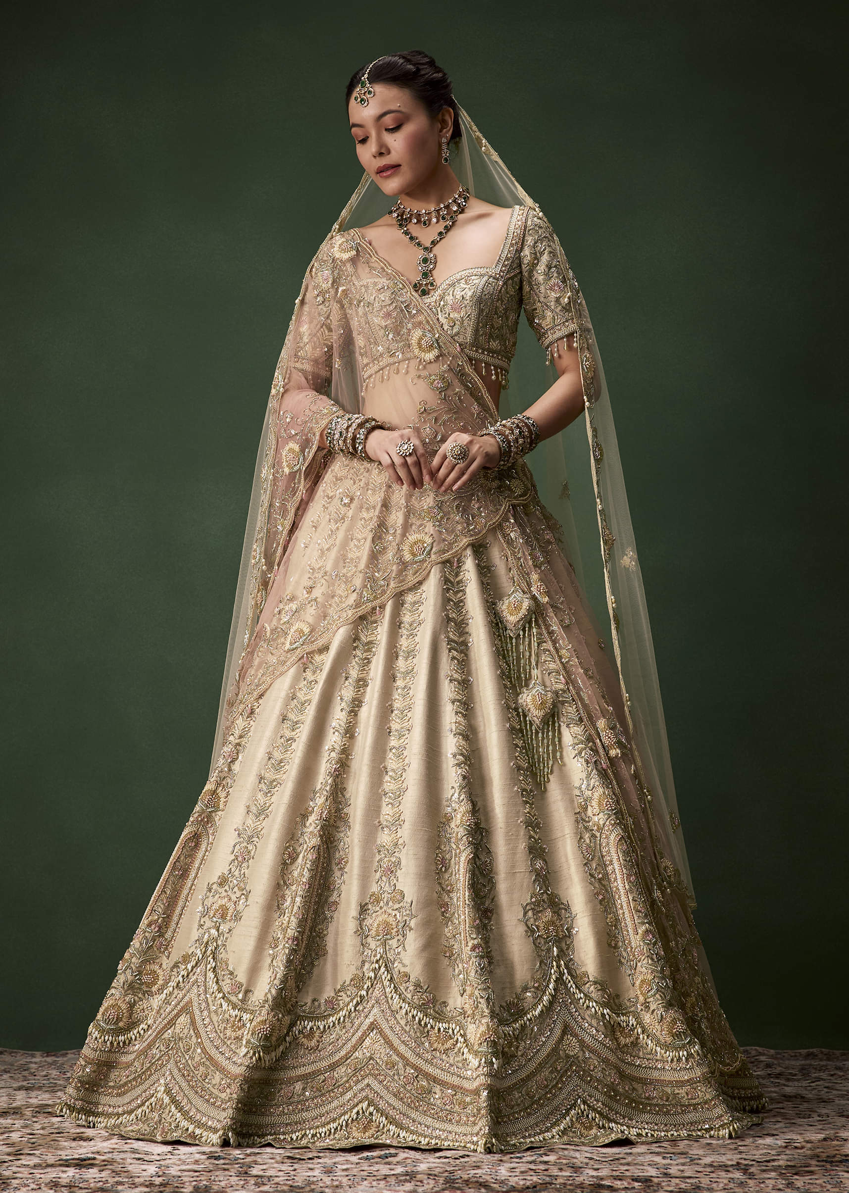 Beige Gold Bridal Raw Silk Lehenga Set with Two Dupattas - Image 4