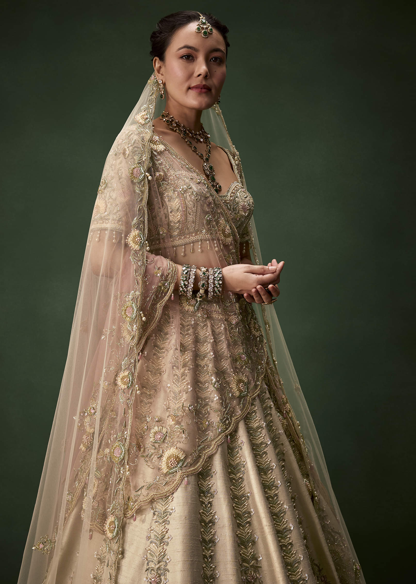 Beige Gold Bridal Raw Silk Lehenga Set with Two Dupattas - Image 6