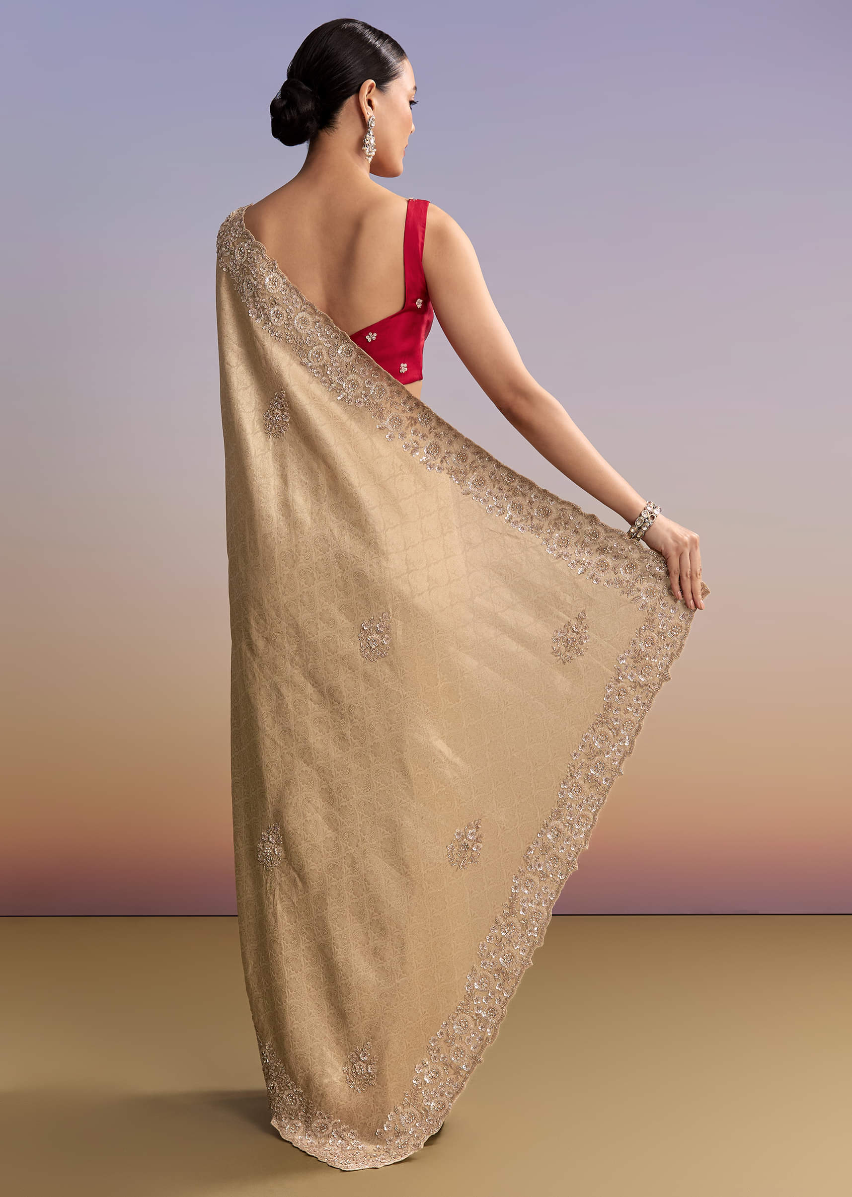 Beige Gold Jacquard Saree With Cutwork Floral Embroidery - Image 4