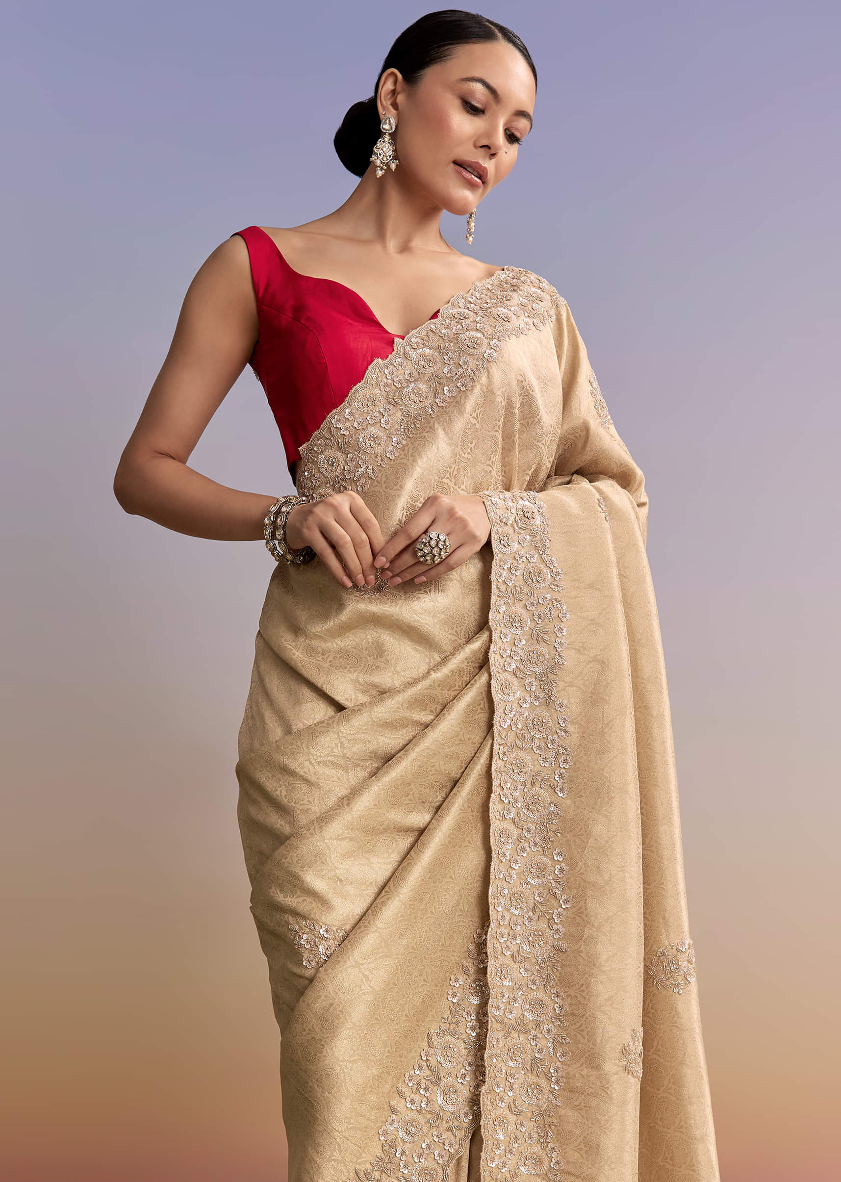 Beige Gold Jacquard Saree With Cutwork Floral Embroidery - Image 5