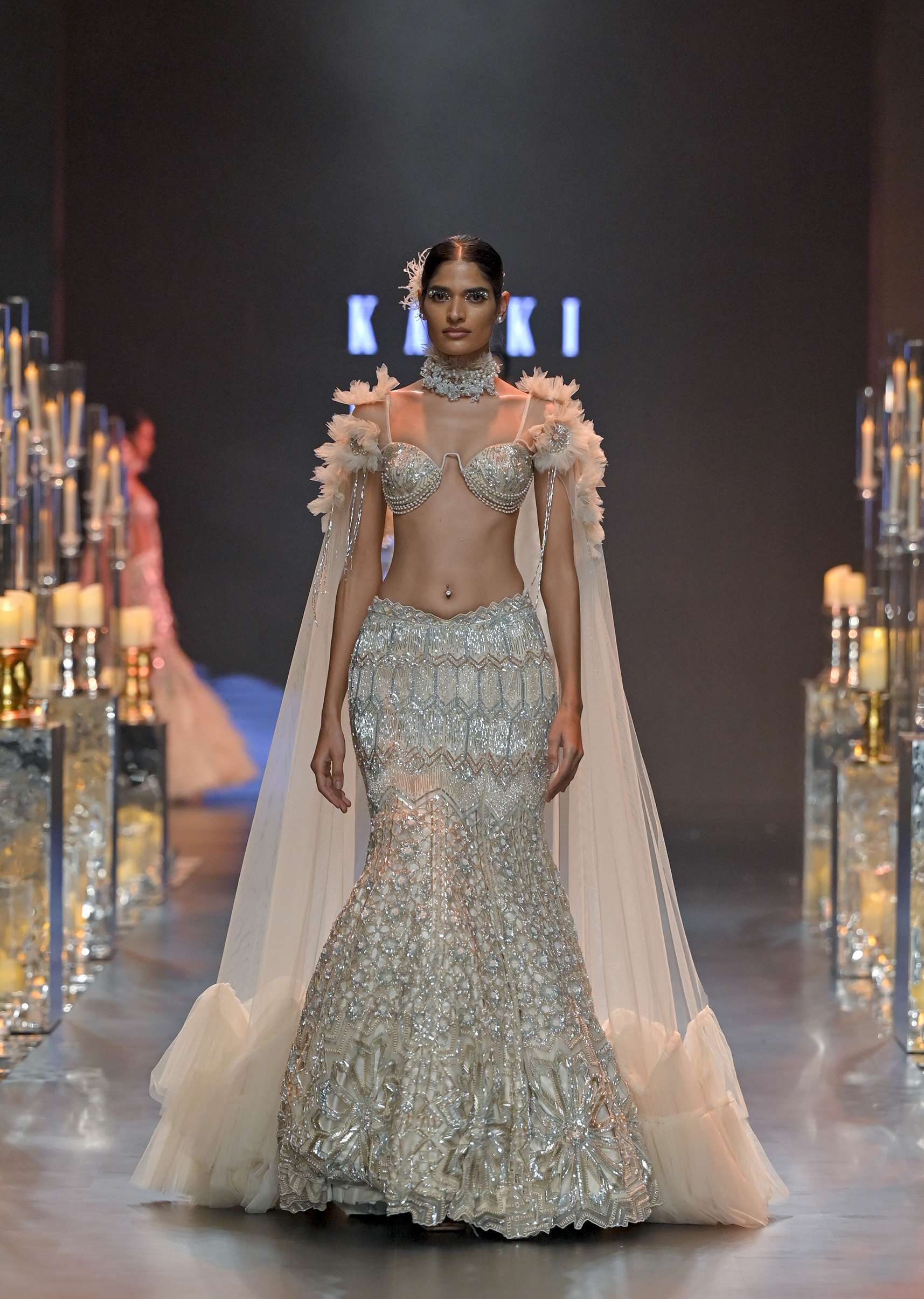 Beige Gold Ruffle Jacket And Lehenga Set In Art Silk - Image 2