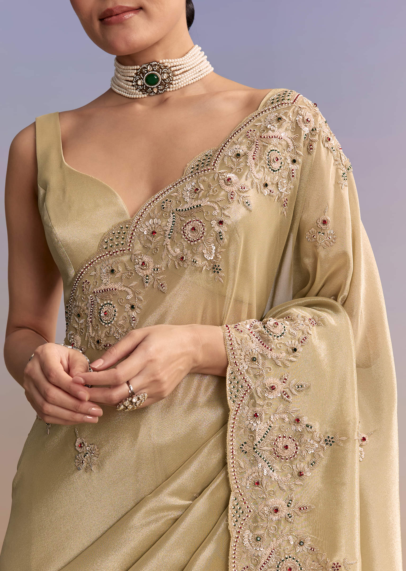 Beige Gold Tissue Embroidered Saree With Zardosi And Stone Work - Image 2