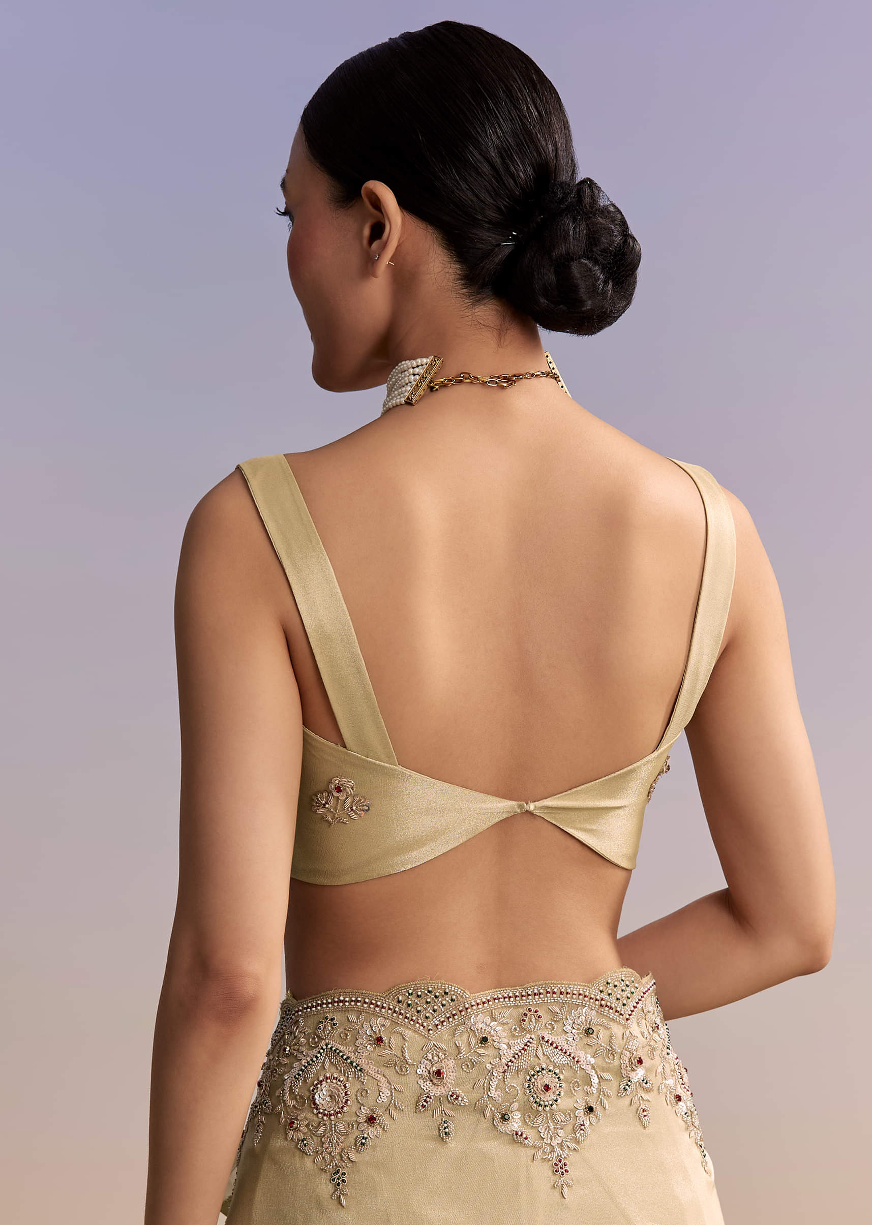 Beige Gold Tissue Embroidered Saree With Zardosi And Stone Work - Image 8