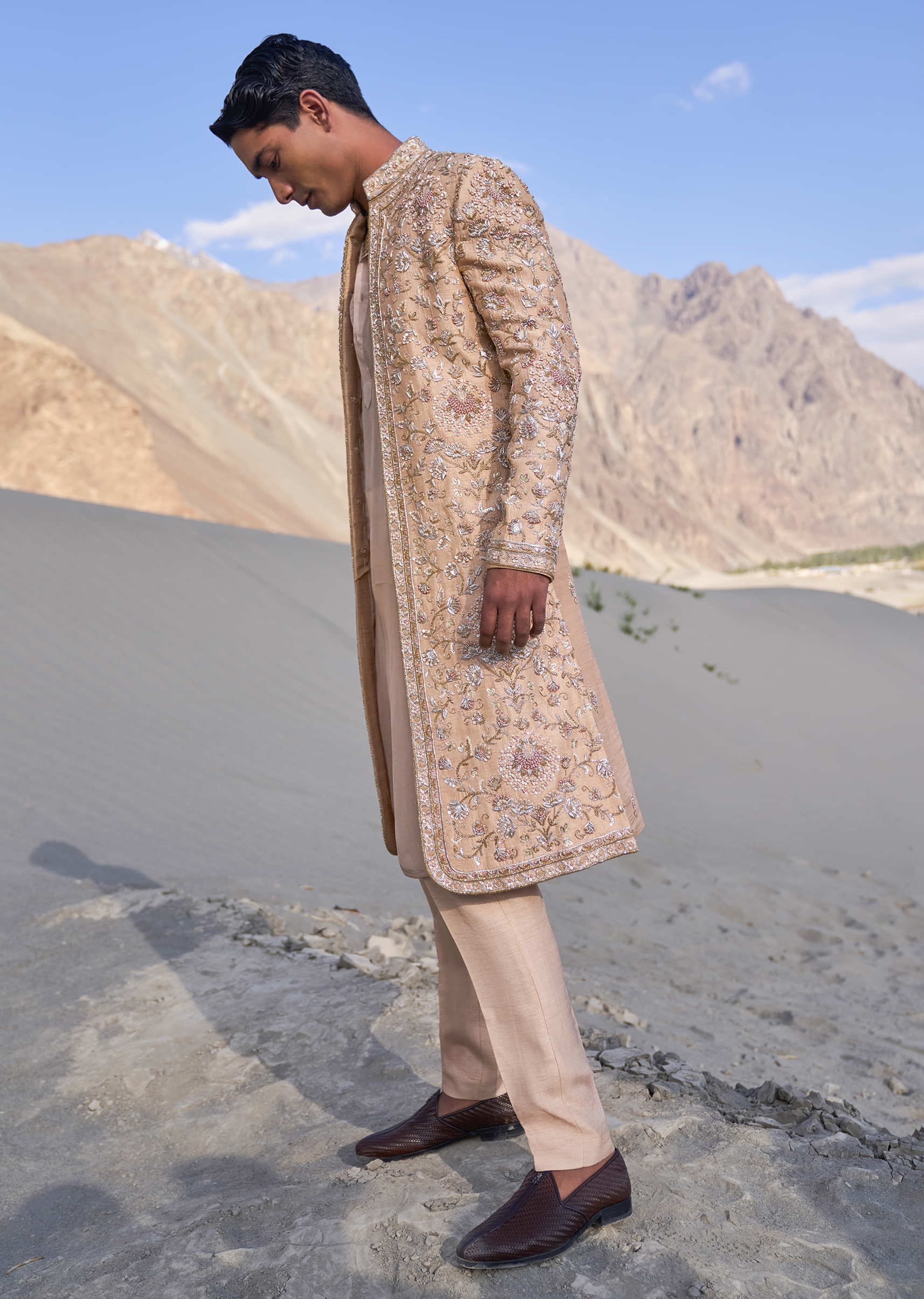 Beige Gold Zardosi Sherwani Set With Stole Dupatta - Image 5