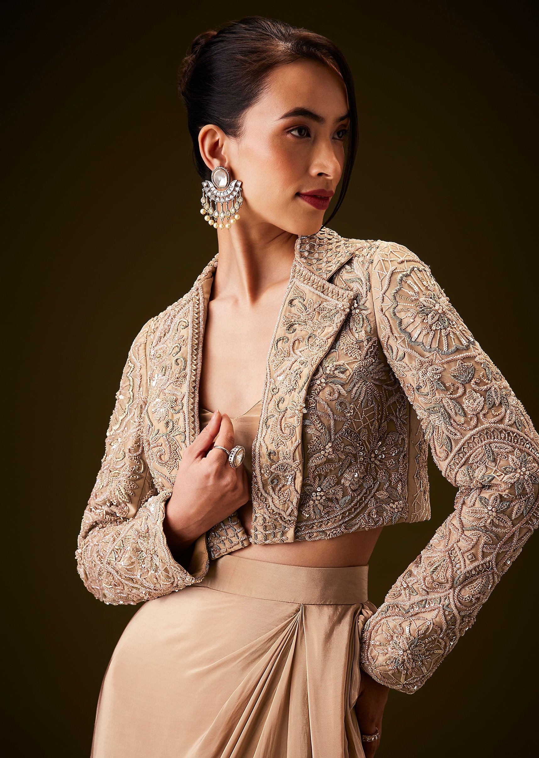 Beige Gold Zardozi Embroidered Jacket With Draped Skirt And Bustier - Image 2