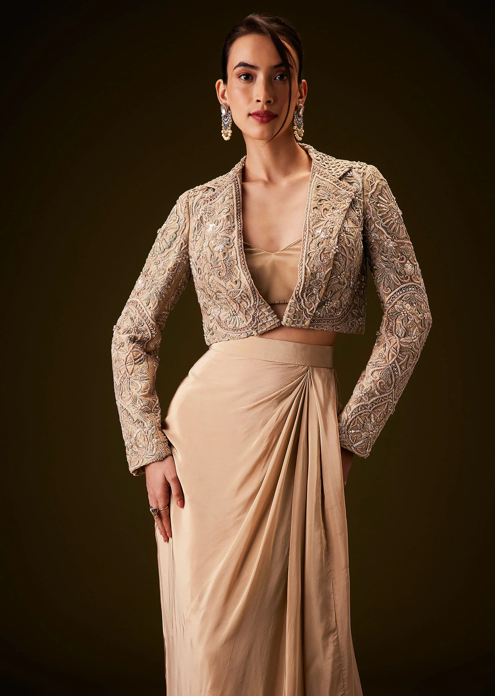 Beige Gold Zardozi Embroidered Jacket With Draped Skirt And Bustier - Image 3