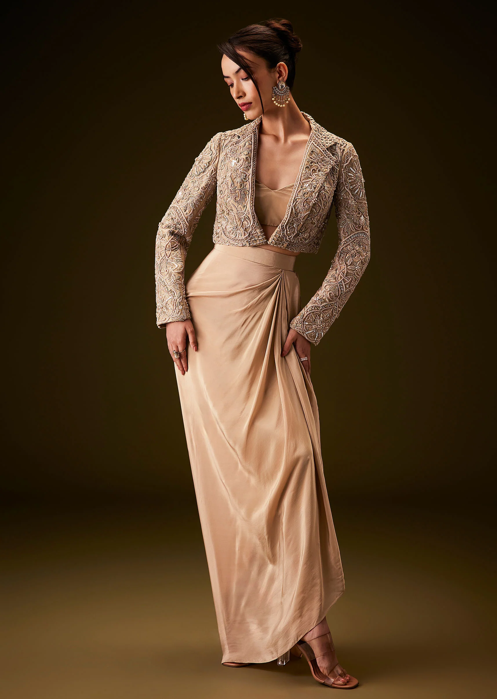 Beige Gold Zardozi Embroidered Jacket With Draped Skirt And Bustier - Image 4