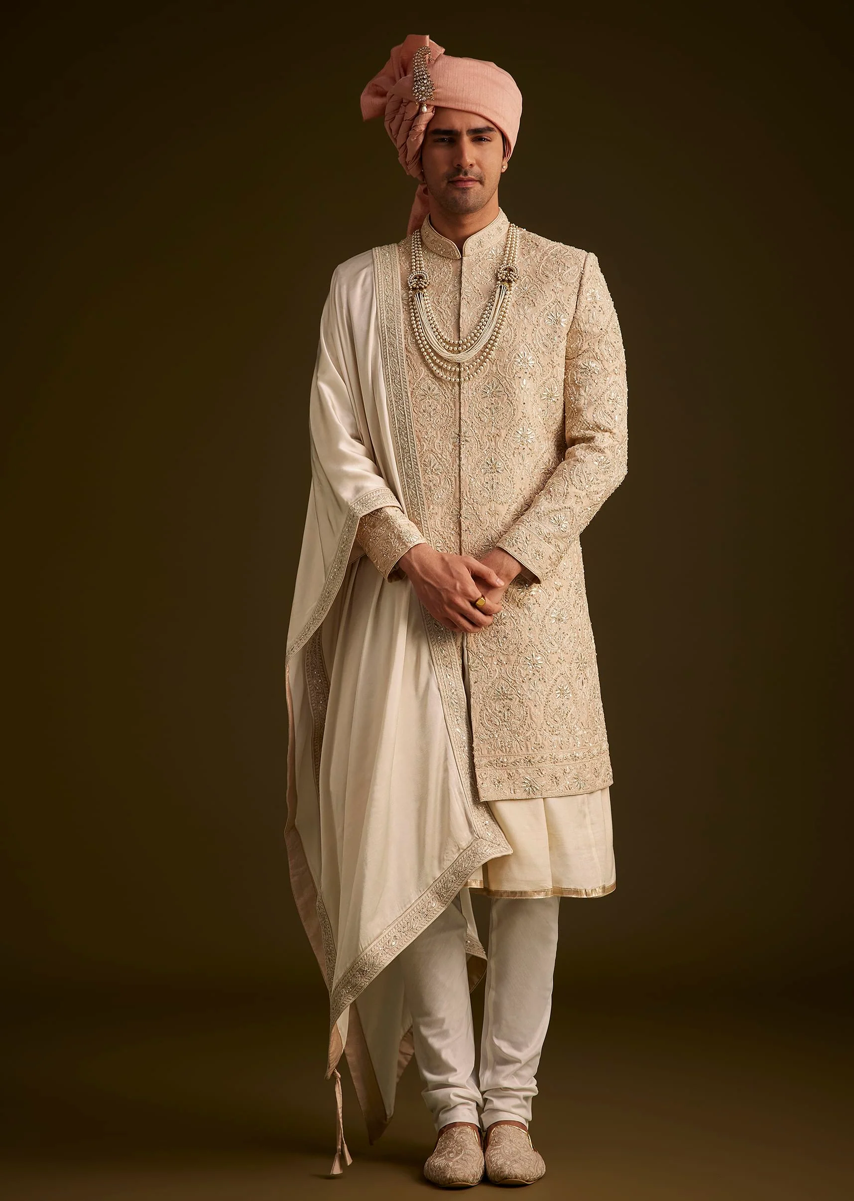 Beige Gotta Work Embroidered Sherwani And Matching Dupatta - Image 2