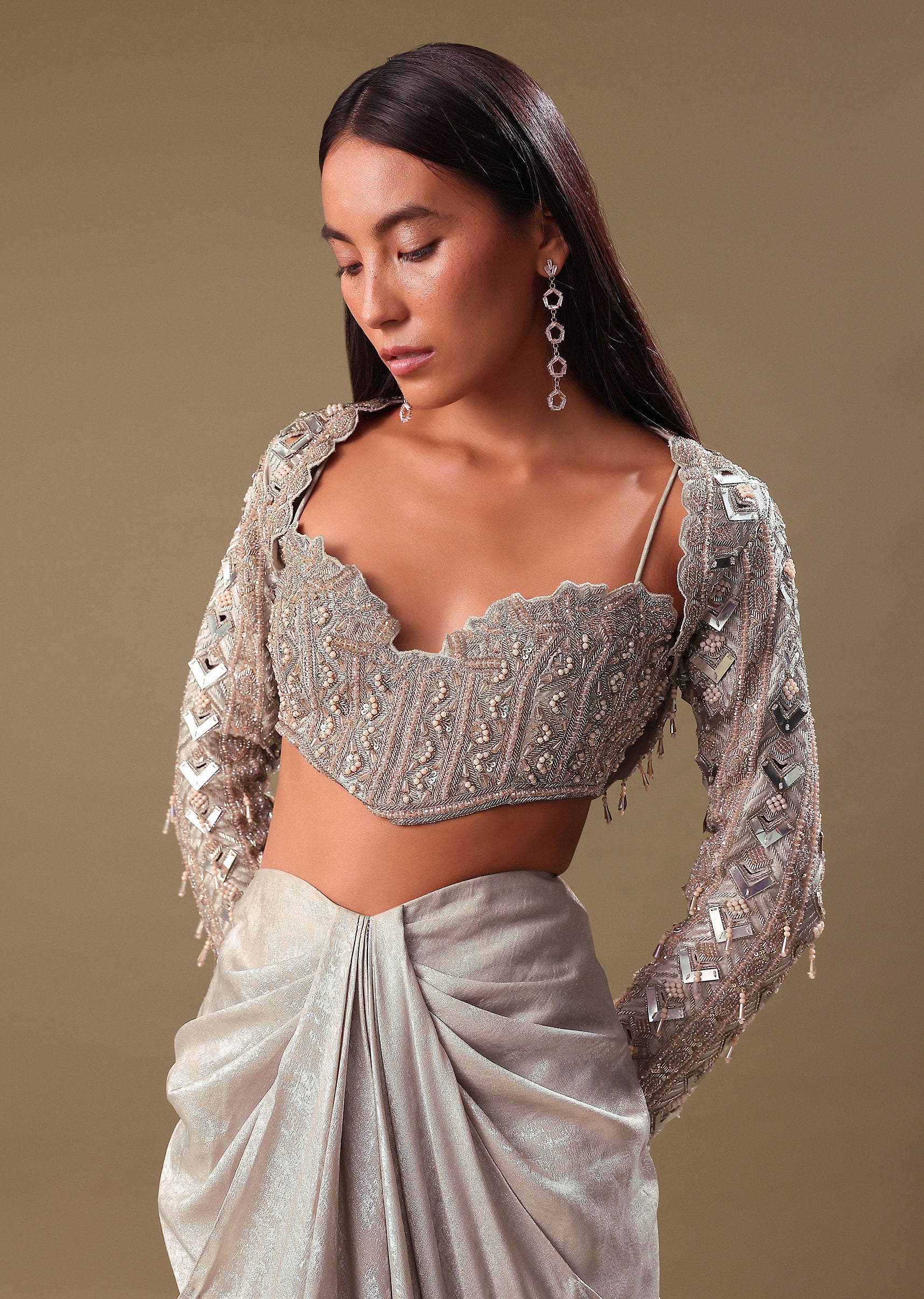 Beige Hand Embroidered Blouse And Drape Skirt With Cape - Image 4
