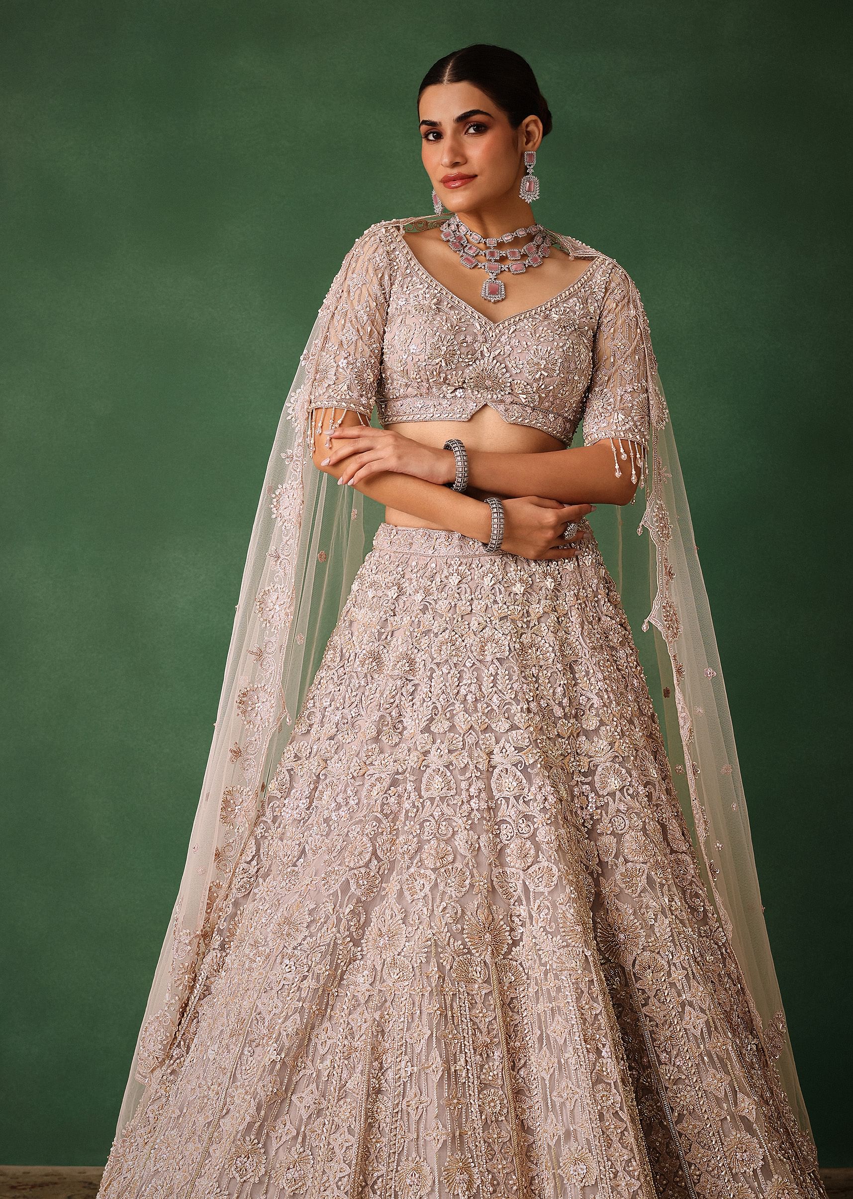 Beige Hand Embroidered Floral Lehenga With Blouse And Dupatta - Image 2