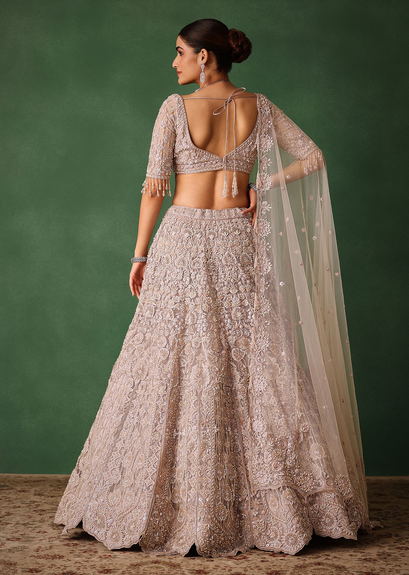 Beige Hand Embroidered Floral Lehenga With Blouse And Dupatta - Image 6