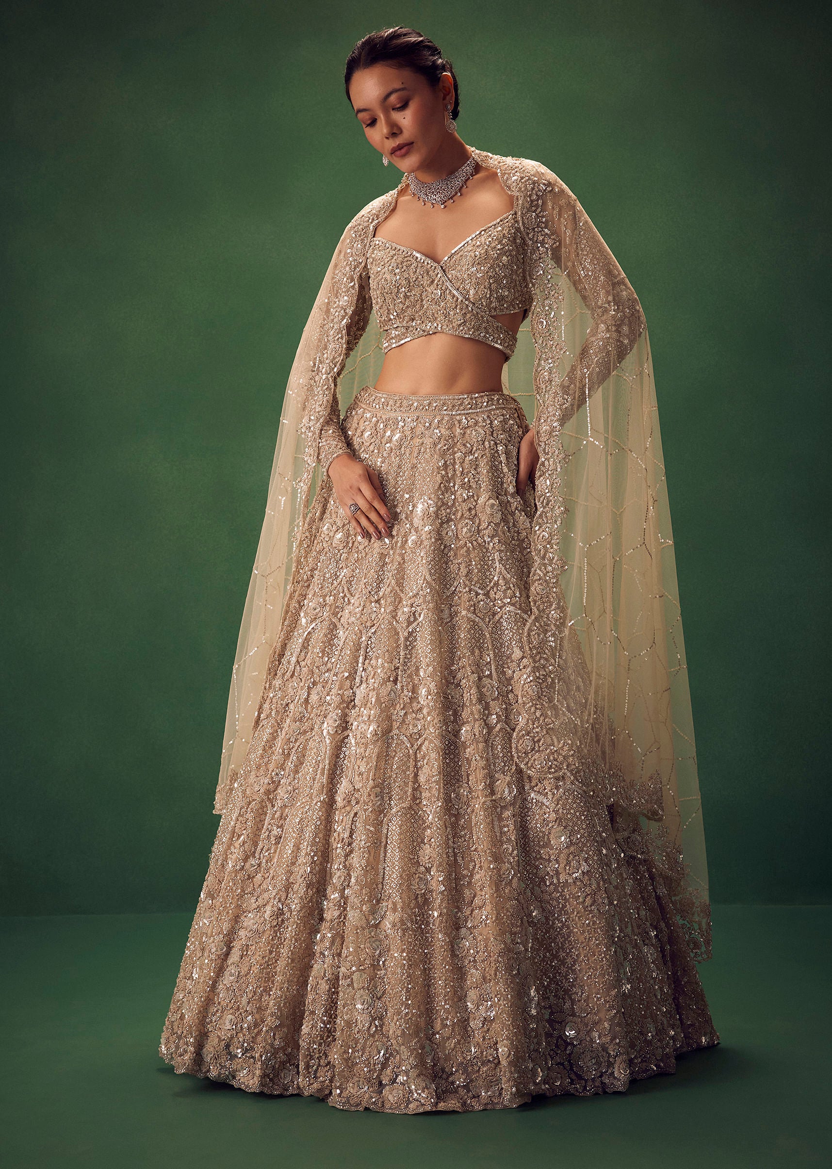 Beige Hand Embroidered Sequin Work Lehenga Set - Image 4