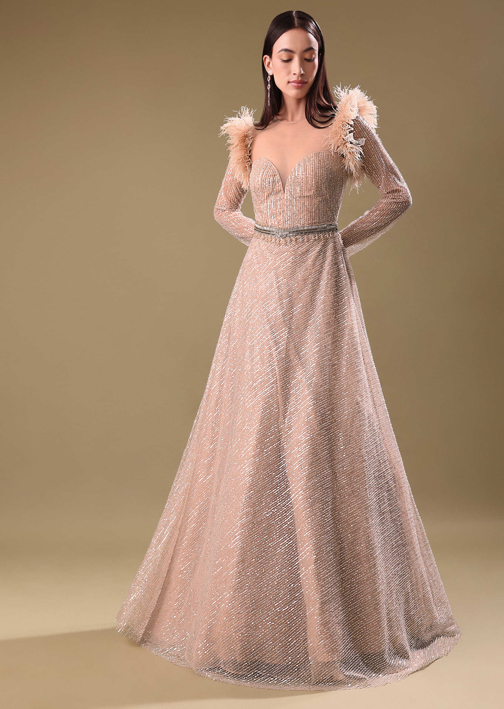 Beige Hand Embroidered Sequins Gown - Image 3
