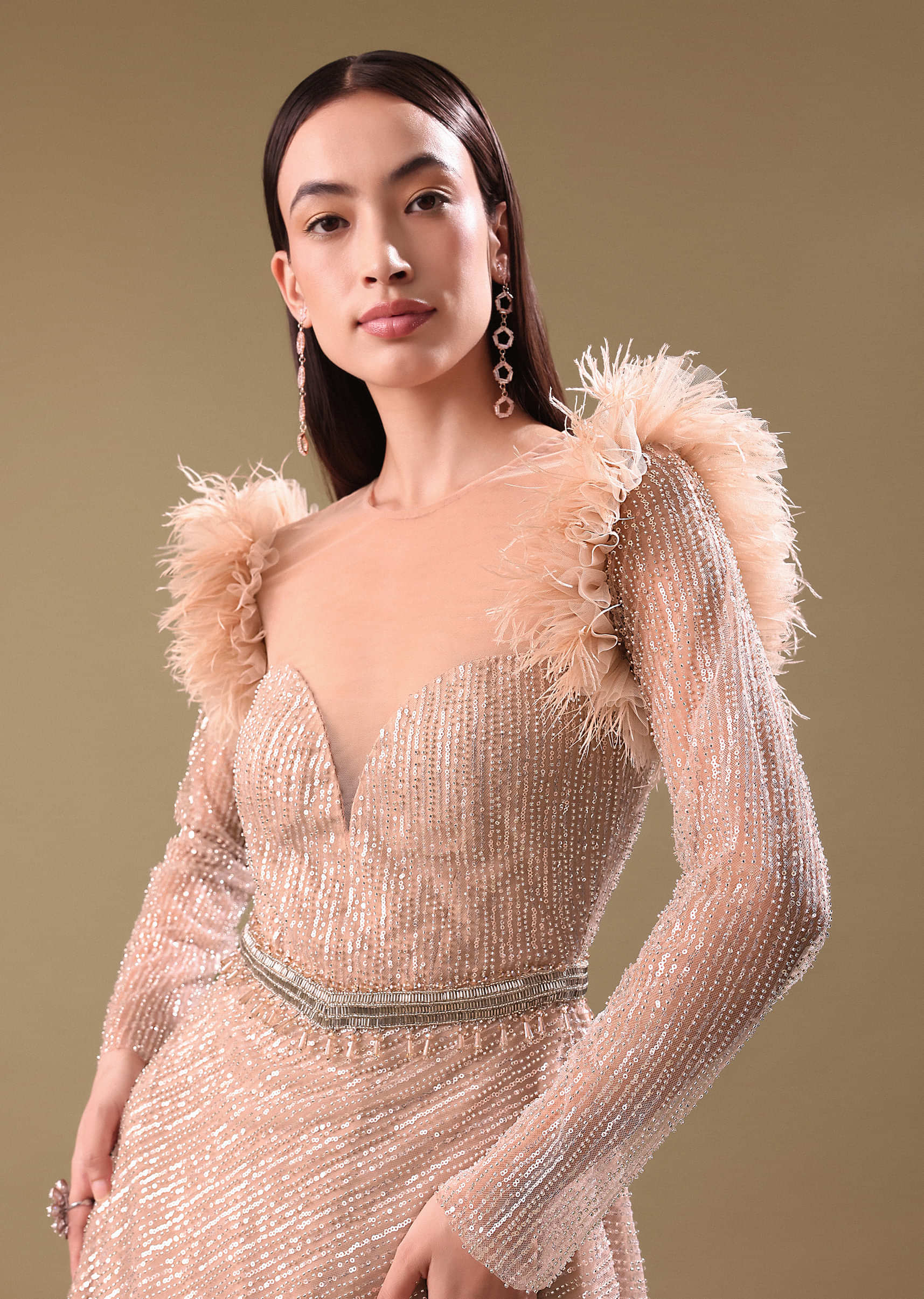 Beige Hand Embroidered Sequins Gown - Image 4