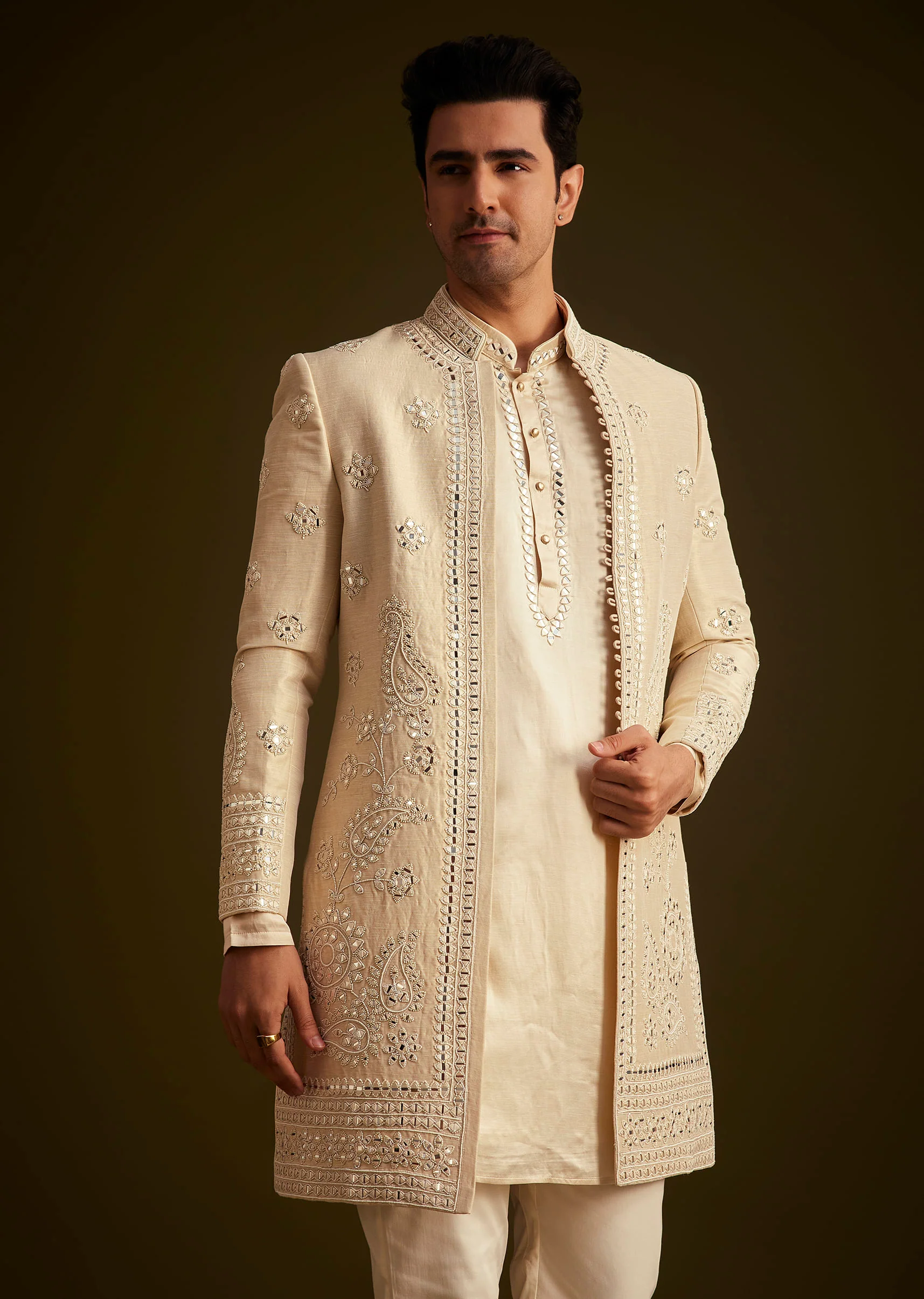 Beige Hand Embroidered Sherwani Set - Image 4