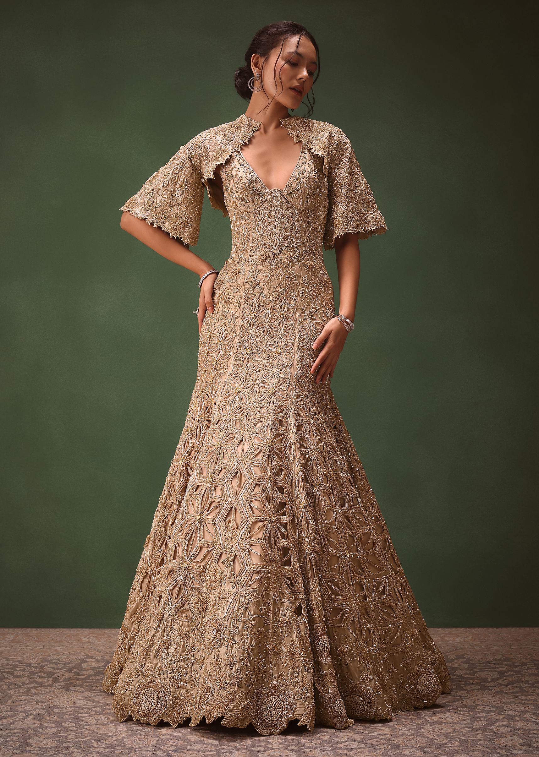 Beige Heavy Embroidered Gown With Jacket - Image 2