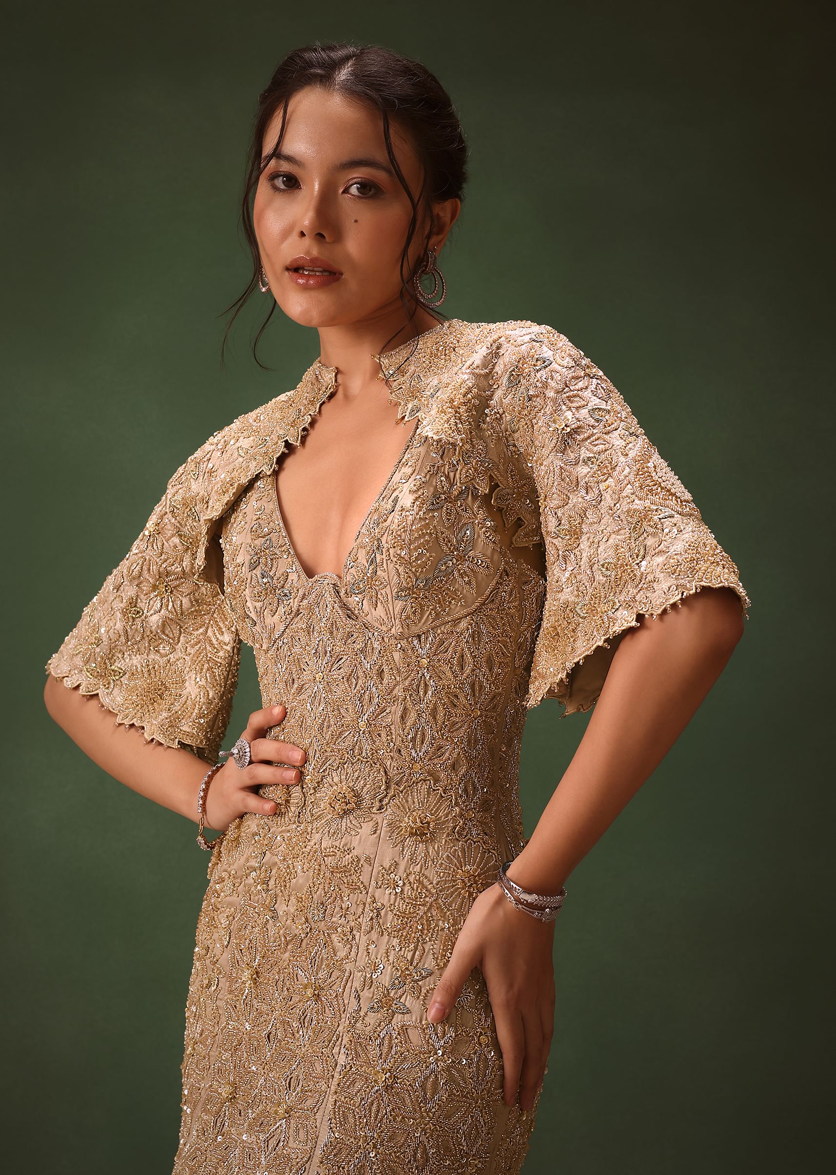 Beige Heavy Embroidered Gown With Jacket - Image 5