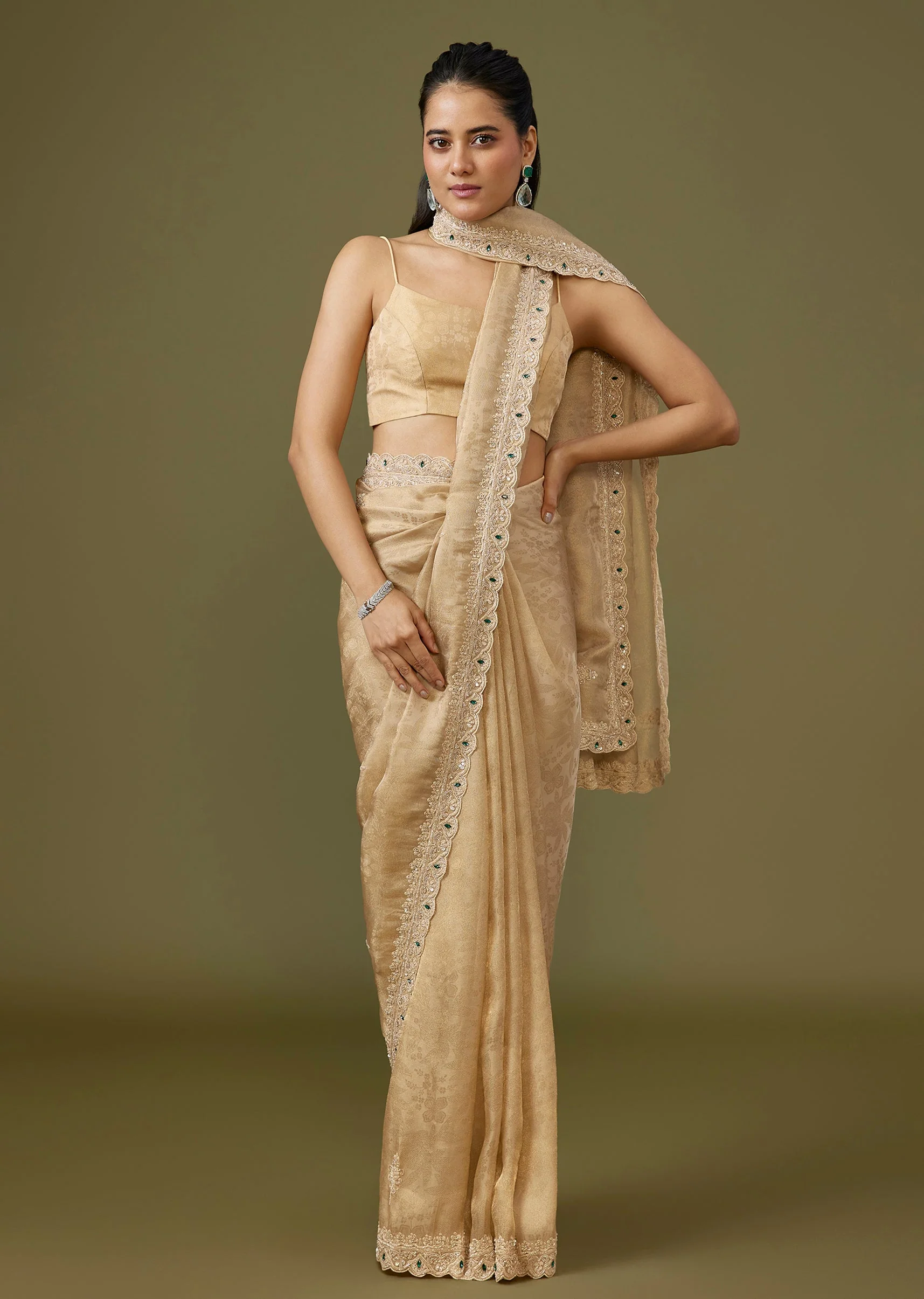 Beige Jacquard Dola Silk Saree - Image 3