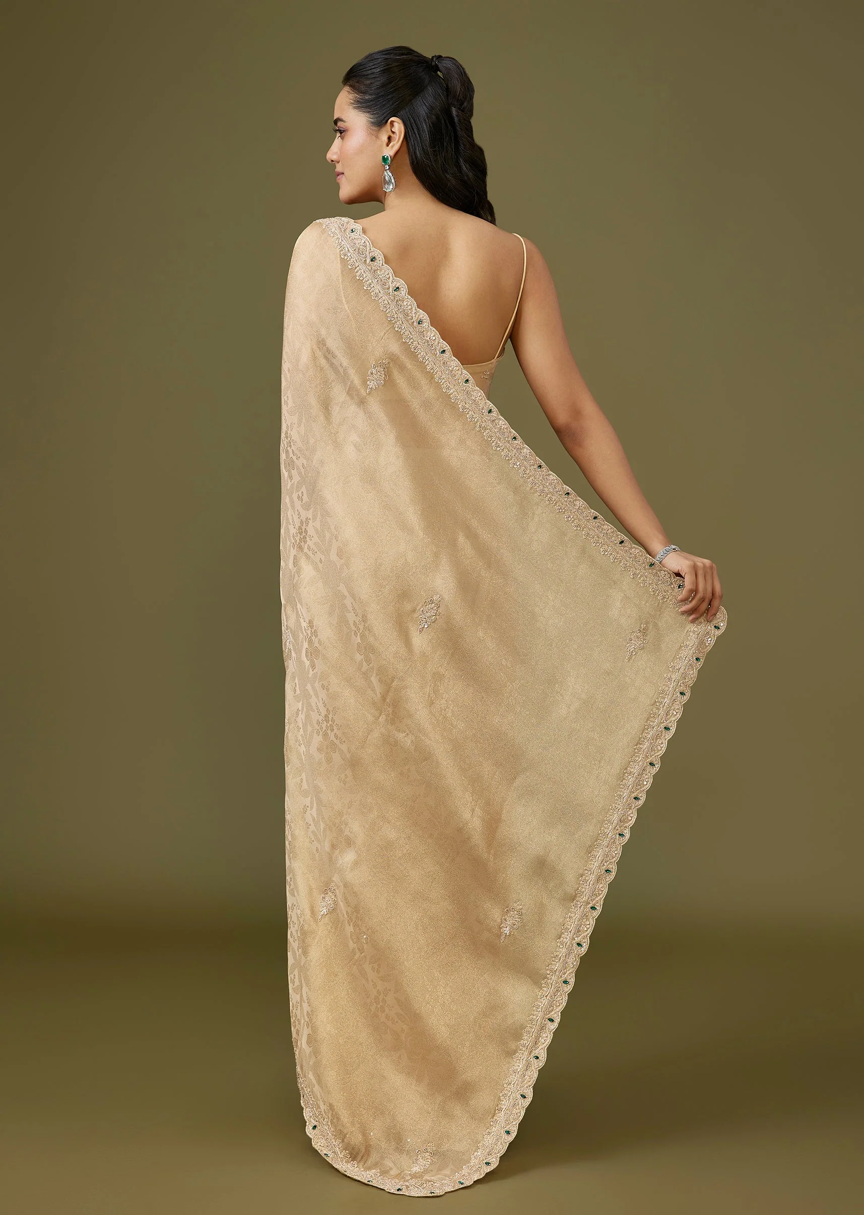 Beige Jacquard Dola Silk Saree - Image 4