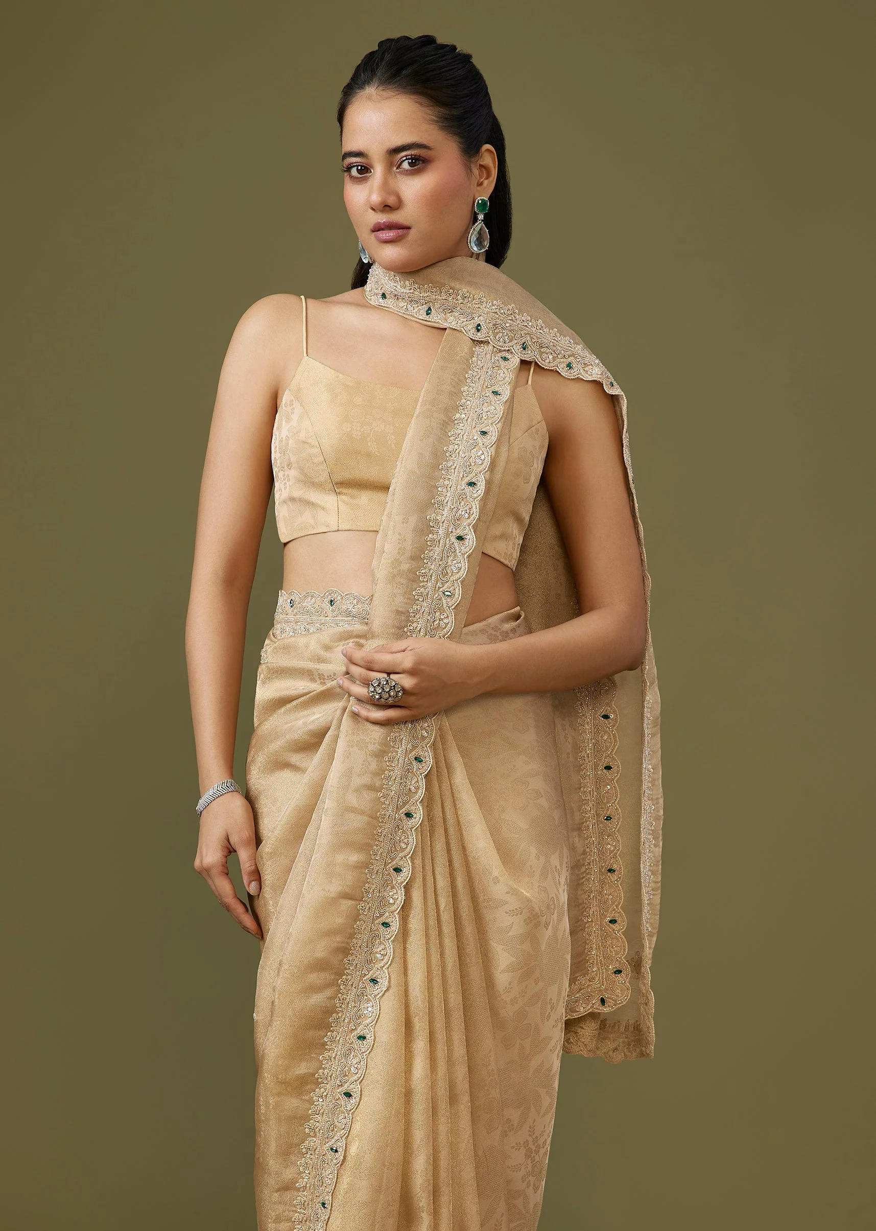 Beige Jacquard Dola Silk Saree - Image 5