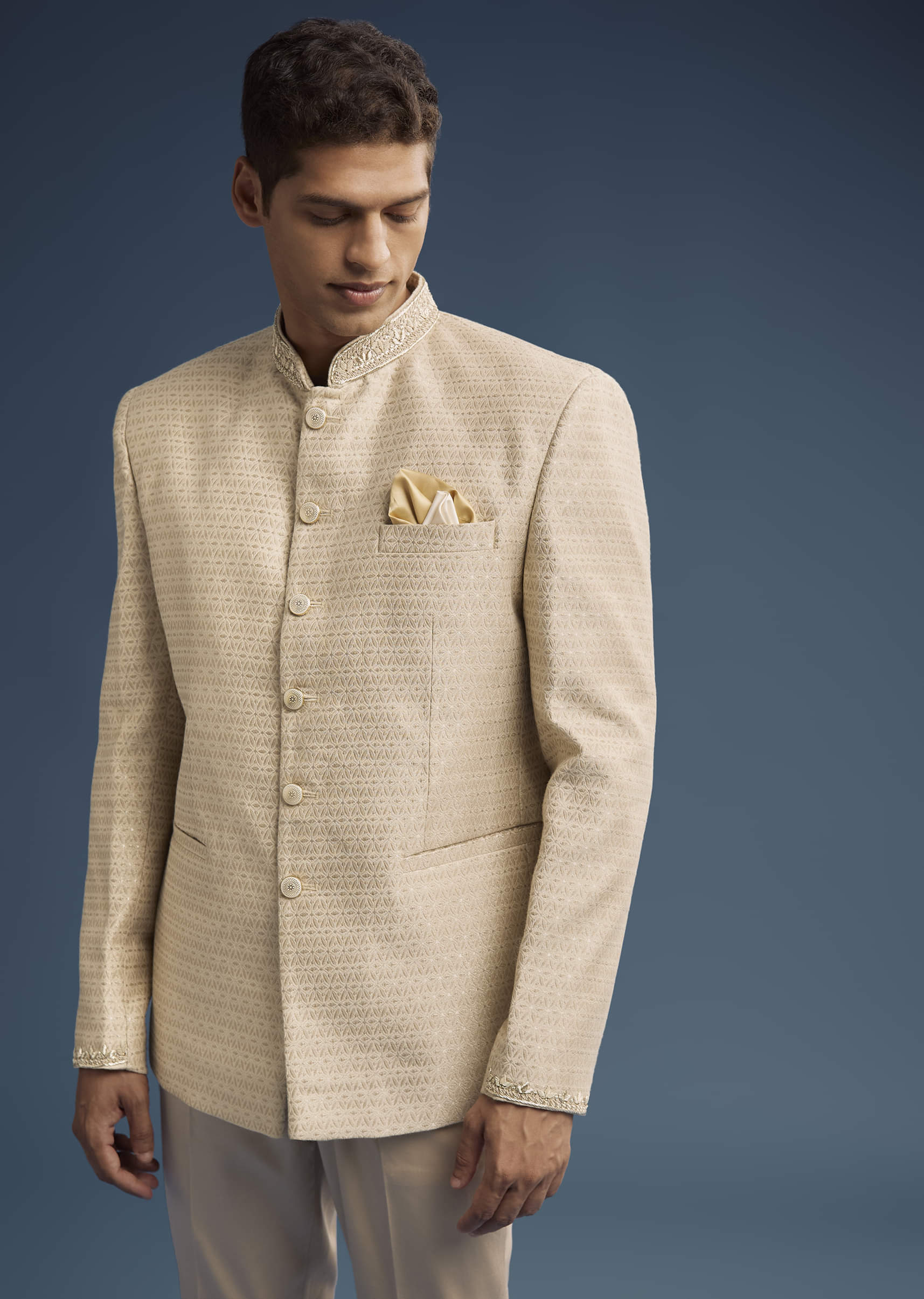 Beige Jacquard Jodhpuri Suit For Men With Hand Embroidery - Image 3
