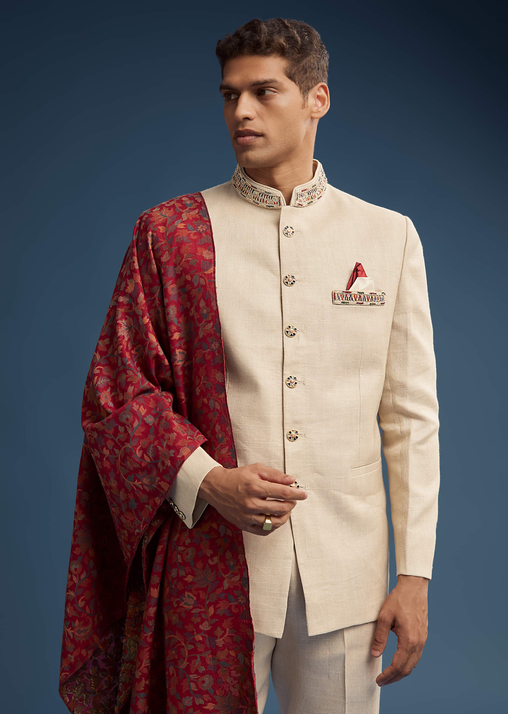 Beige Jacquard Jodhpuri Suit For Men With Pashmina Dupatta - Image 3