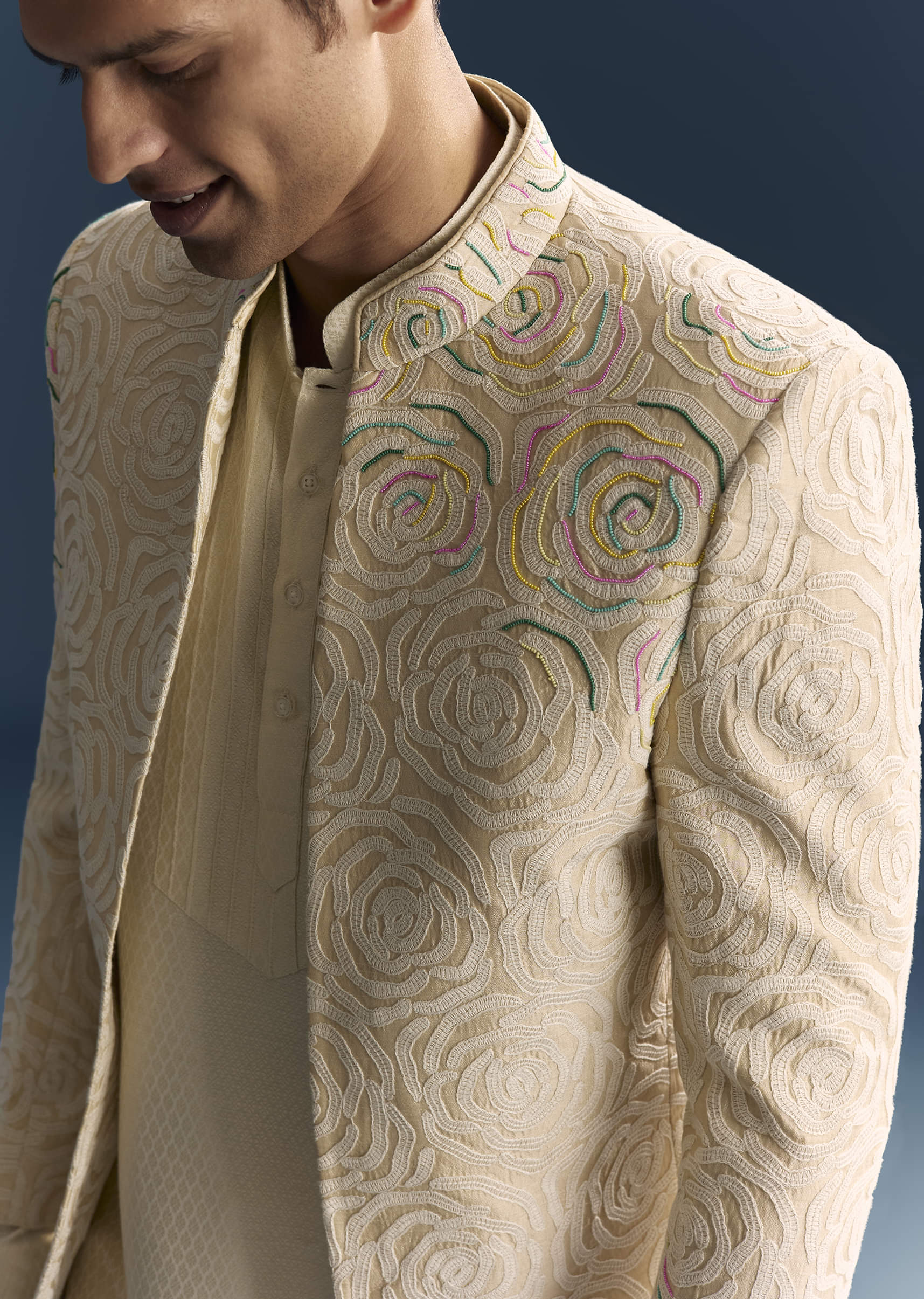 Beige Jacquard Kurta Jacket Set For Men With Resham And Moti Work - Image 2