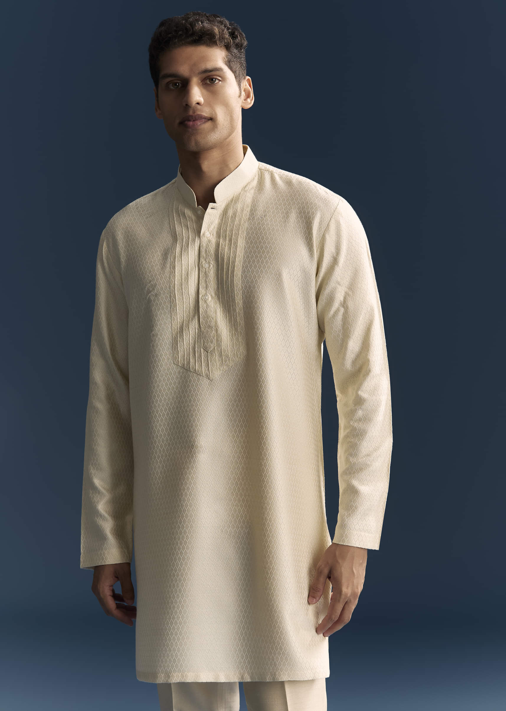 Beige Jacquard Kurta Jacket Set For Men With Resham And Moti Work - Image 5