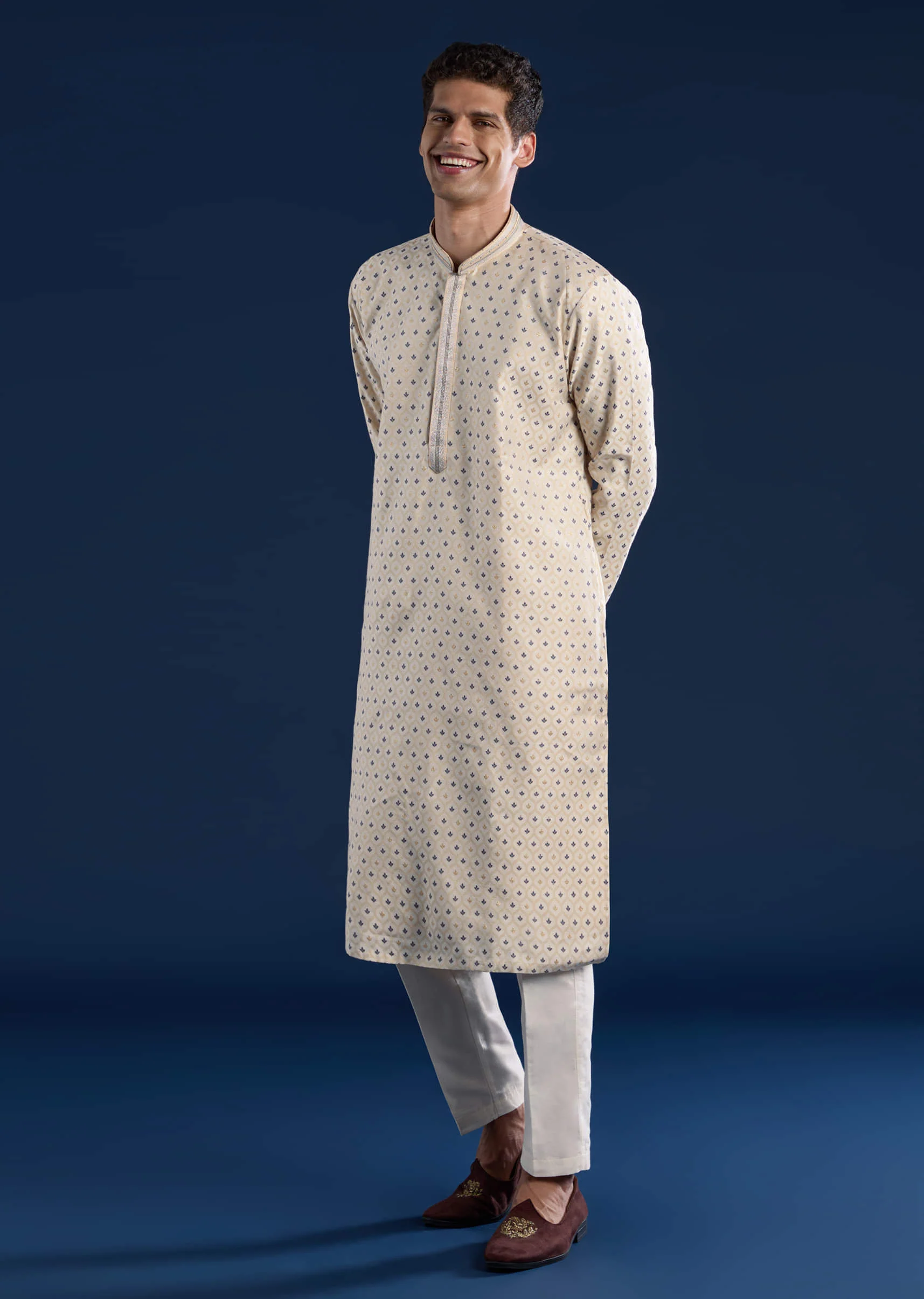 Beige Jacquard Mens Kurta and Pant Set - Image 3