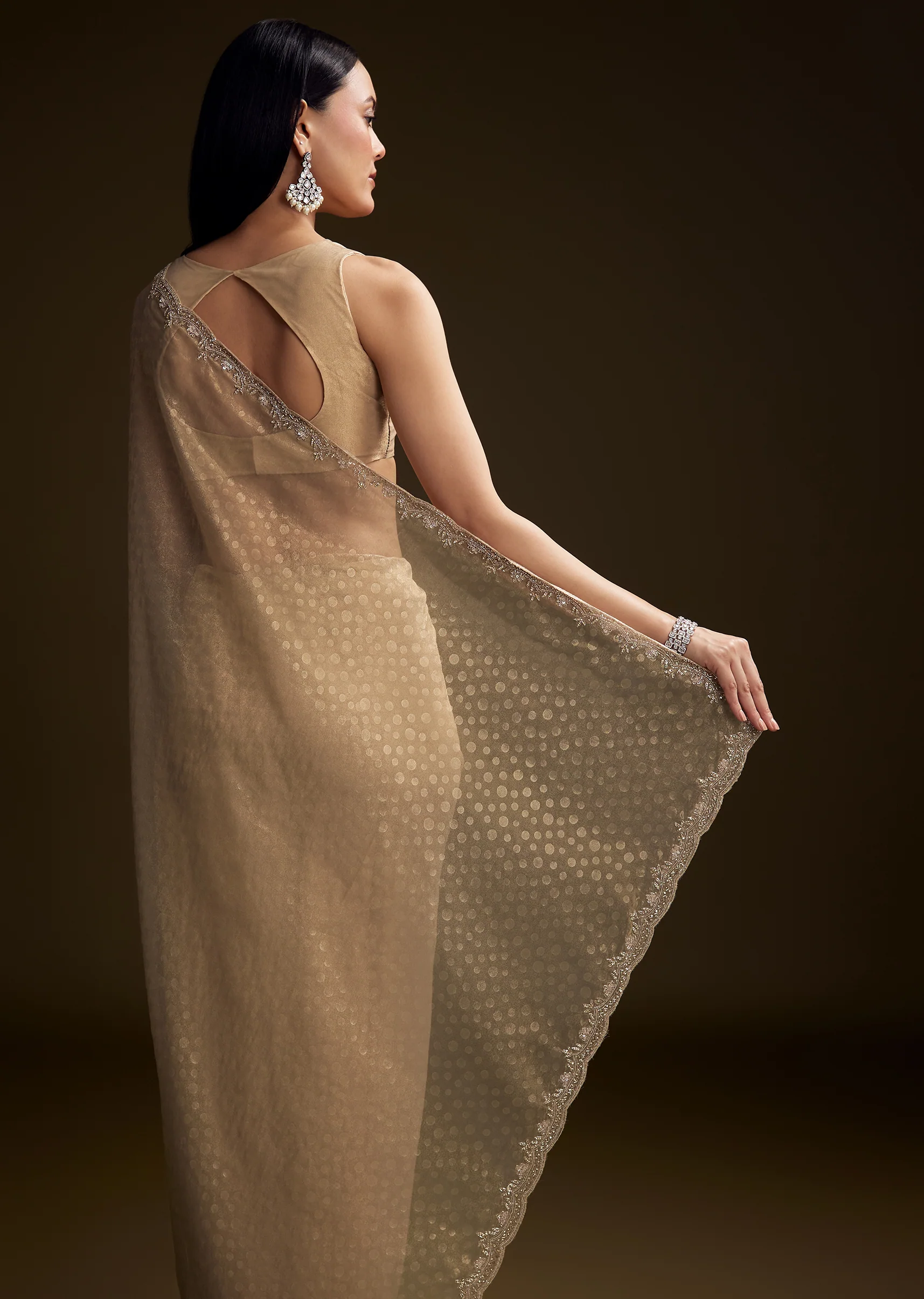 Beige Jacquard Saree With Sequin And Stone Embroidery - Image 5