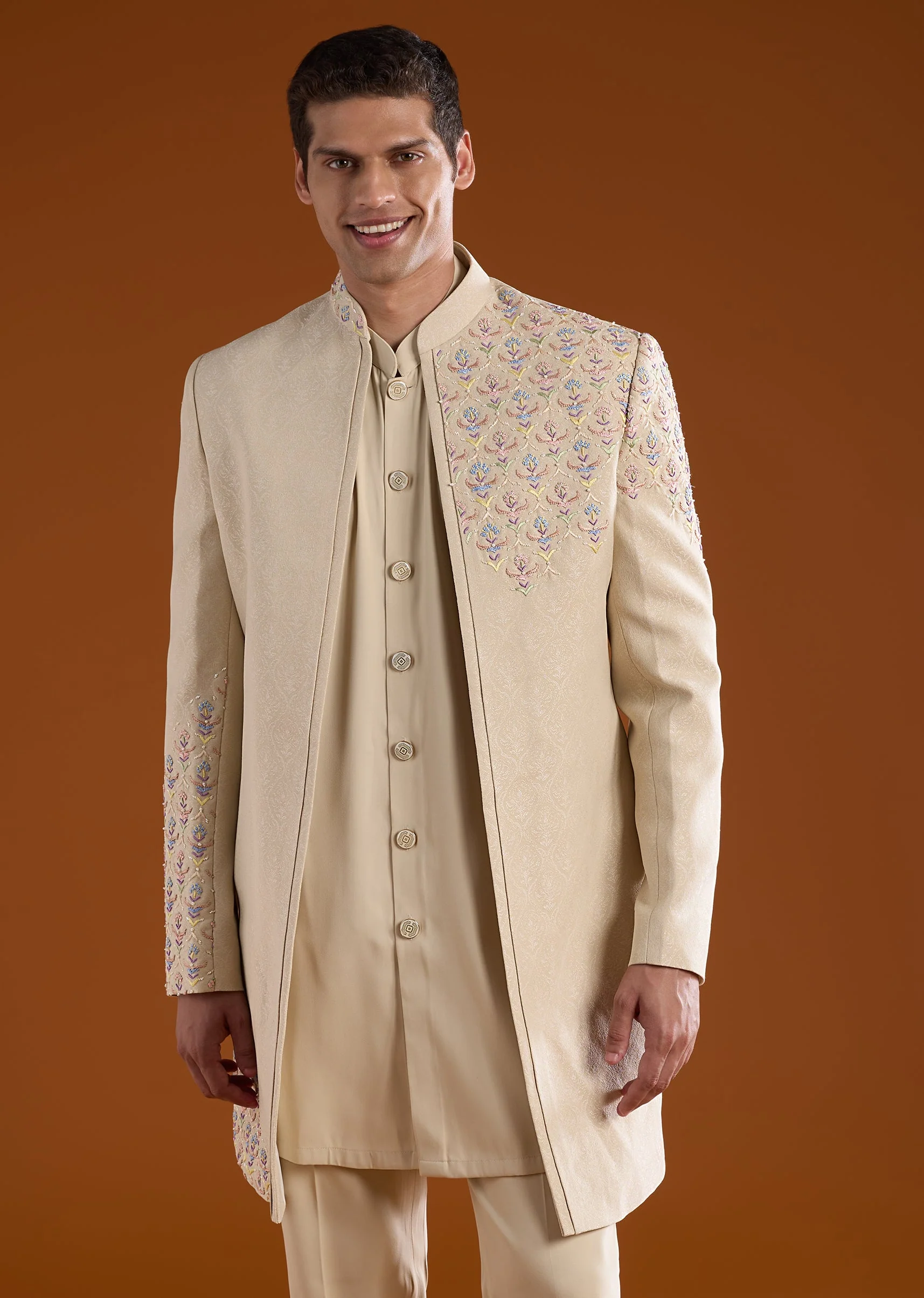 Beige Jacquard Silk Indowestern Embroidered Kurta Set