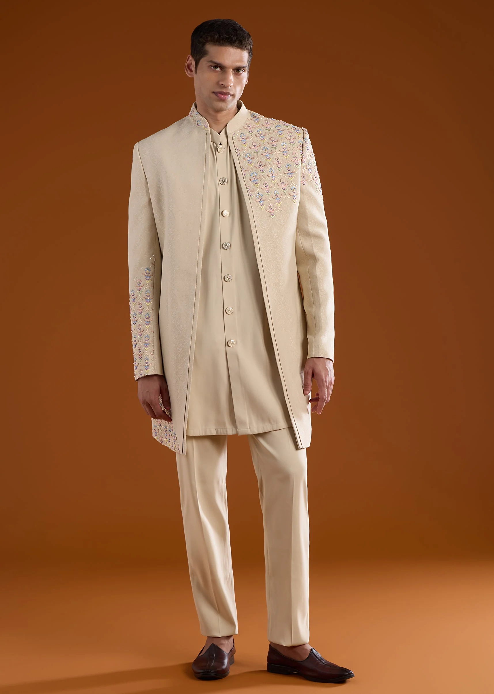 Beige Jacquard Silk Indowestern Embroidered Kurta Set - Image 4