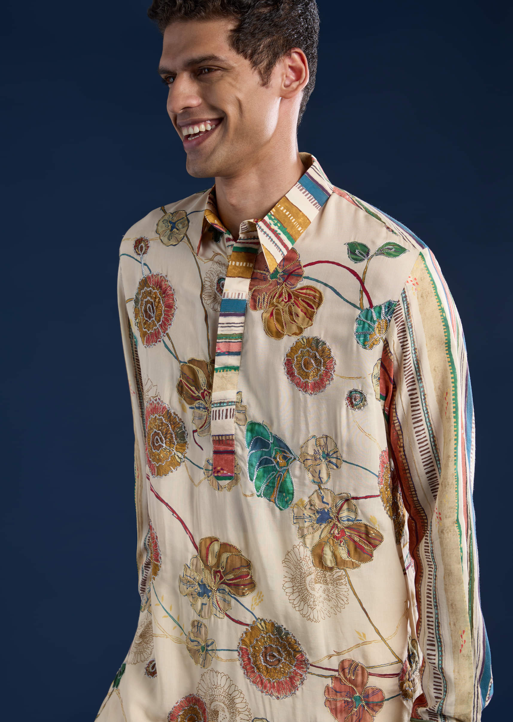 Beige Kalamkari Print Mens Kurta and Pant Set - Image 2