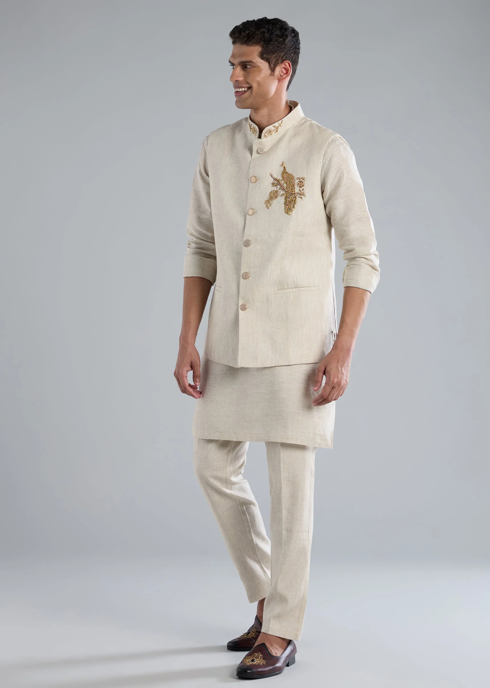 Beige Kurta Jacket Set With Zardosi Hand Work - Image 3