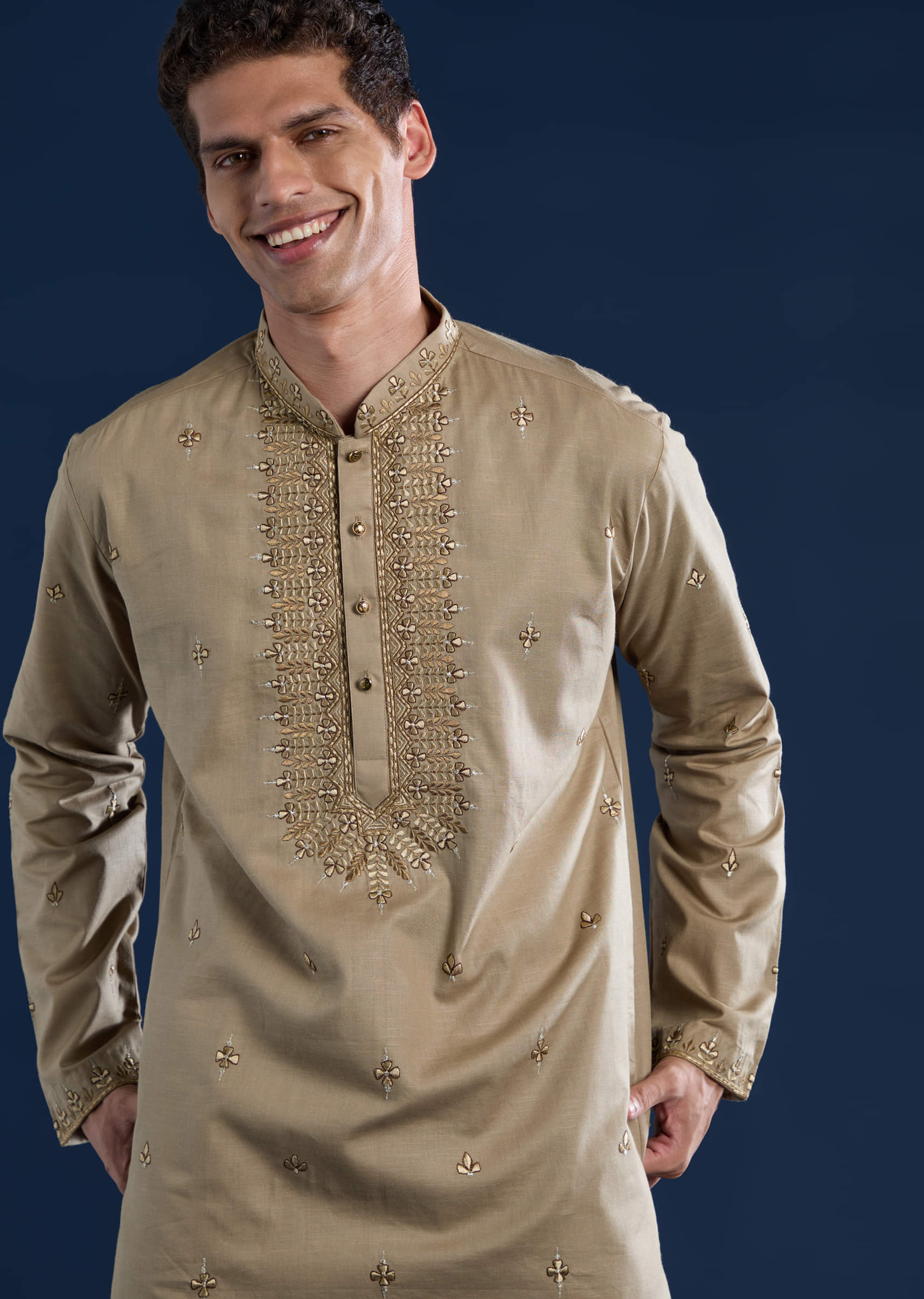 Beige Linen Blend Mirror Work Kurta and Pant Set - Image 2