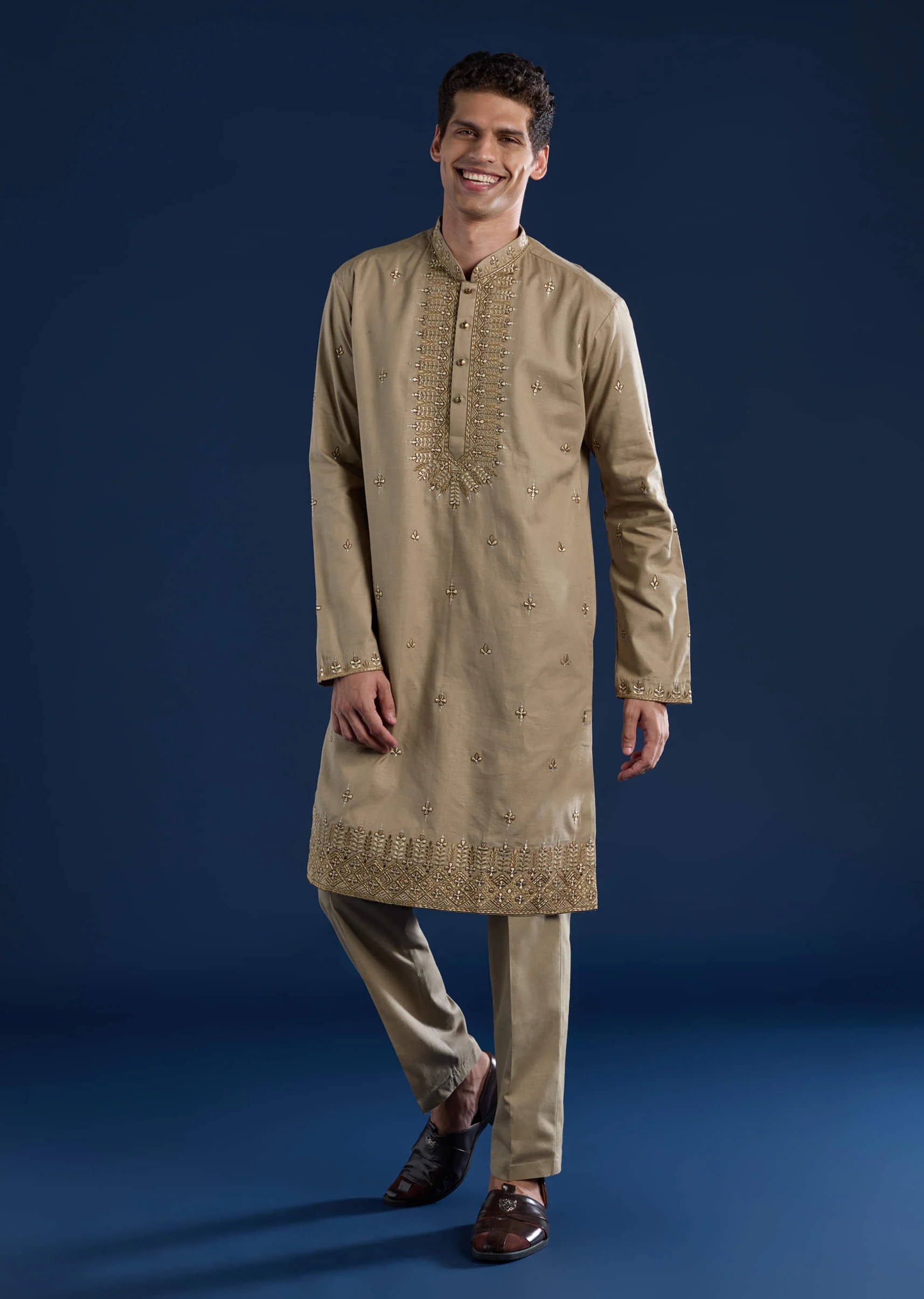 Beige Linen Blend Mirror Work Kurta and Pant Set - Image 3