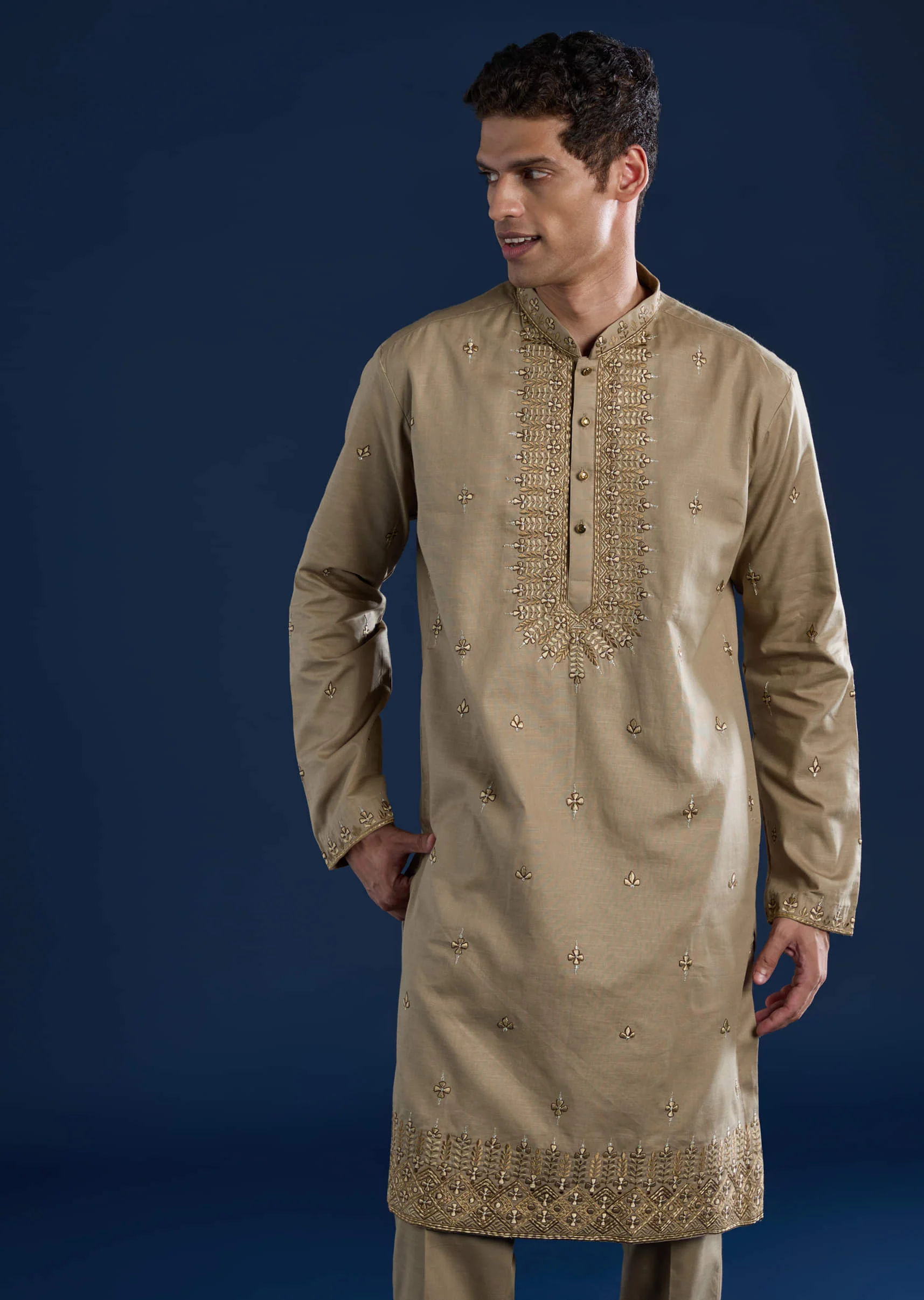 Beige Linen Blend Mirror Work Kurta and Pant Set - Image 4
