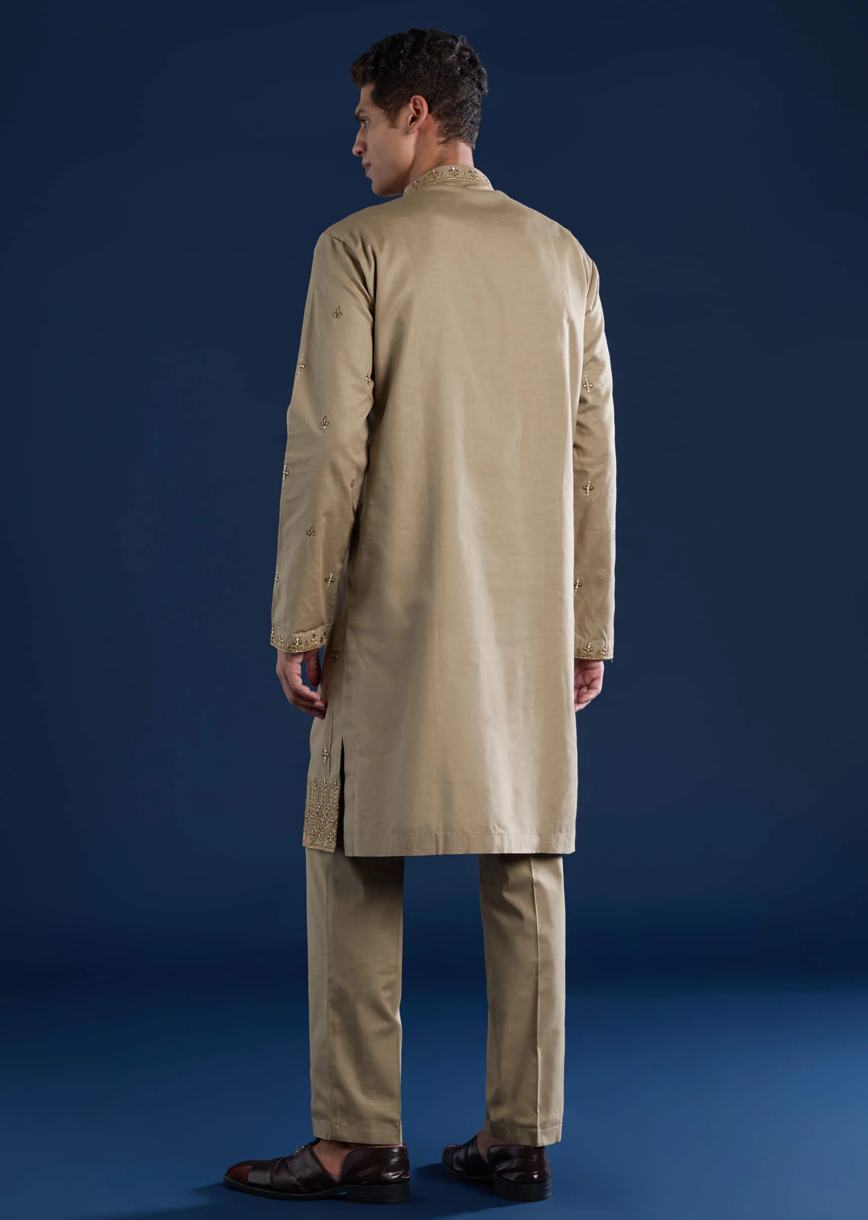 Beige Linen Blend Mirror Work Kurta and Pant Set - Image 5