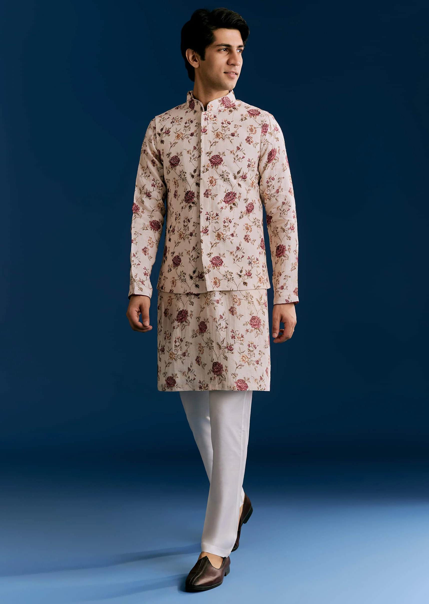 Beige Linen Kurta Jacket Set With Sequins And Thread Embroidery - Image 2