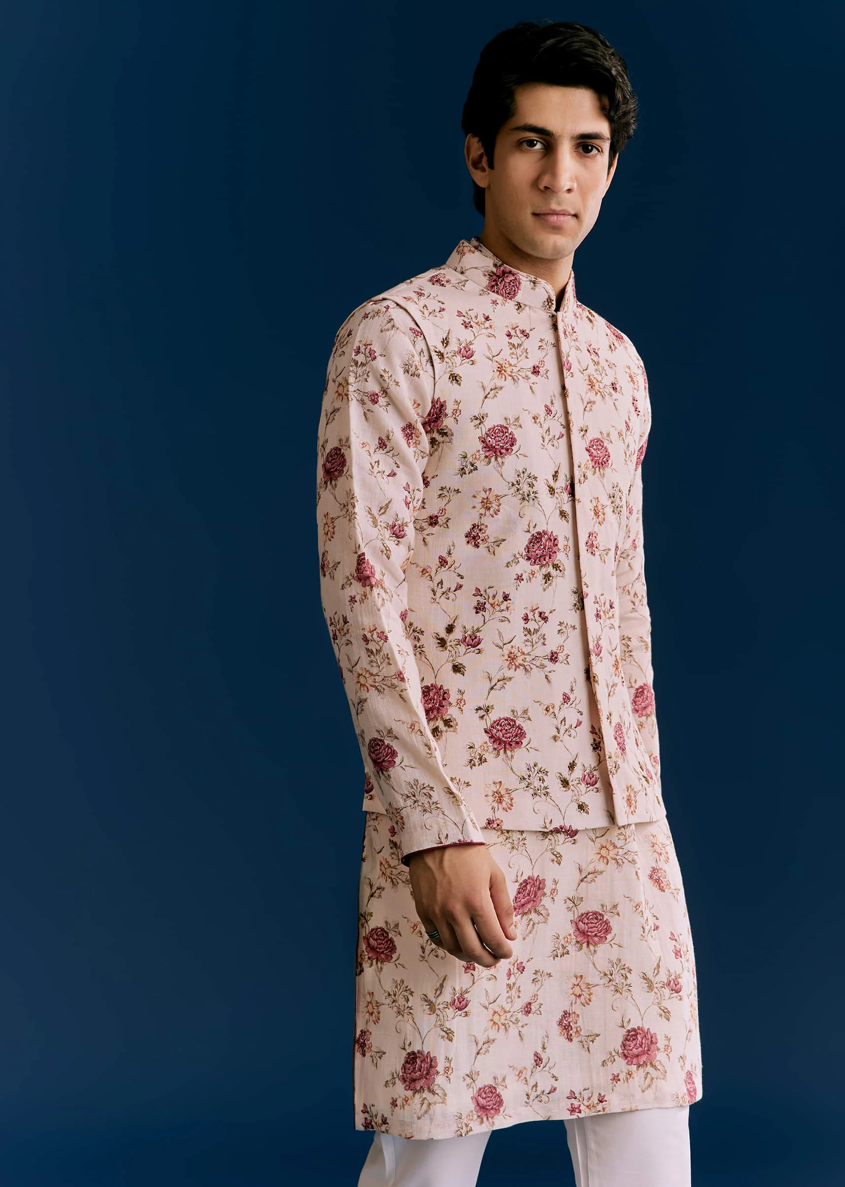 Beige Linen Kurta Jacket Set With Sequins And Thread Embroidery - Image 3